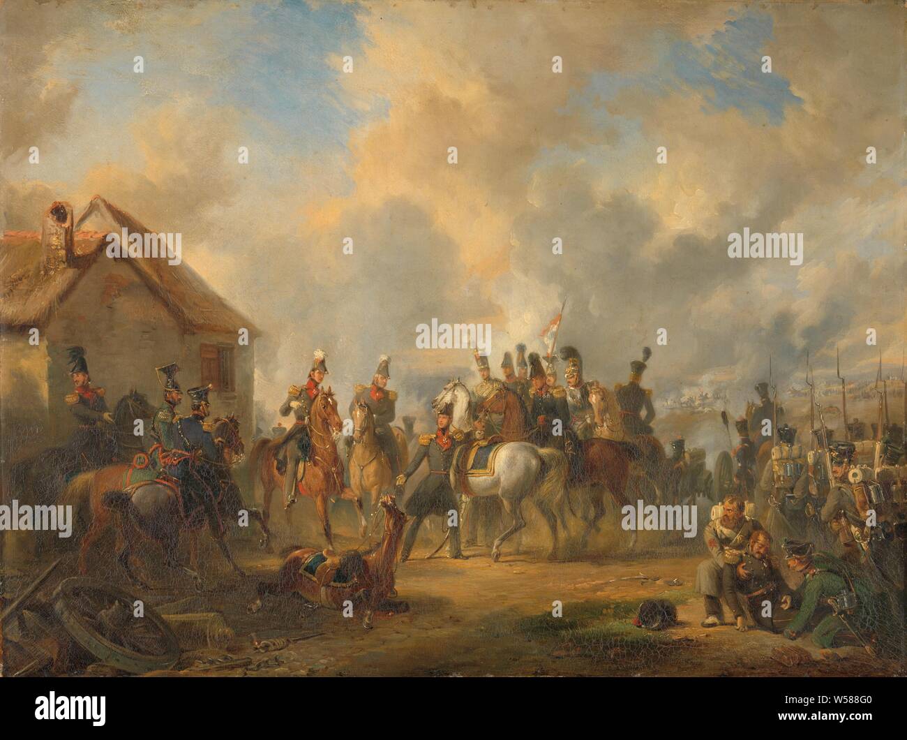 The Battle of Bautersem during the Ten Days' Campaign The Engagement at Bautersem, The Battle of Bautersem, 12 August 1831, during the Ten-Day Campaign. The staff of the Prince of Orange consisting of mounted officers gathered in front of a farmhouse. In the center, the prince is standing next to his horse that was wounded, next to the prince Major Hoyel. On the right soldiers of the infantry and a wounded officer. The battlefield., Battle, prince, Boutersem, Willem II (king of the Netherlands), J.H. Hoyel, Nicolaas Pieneman (signed by artist), 1833, canvas, oil paint (paint), h 46 cm × w 60.5 Stock Photo