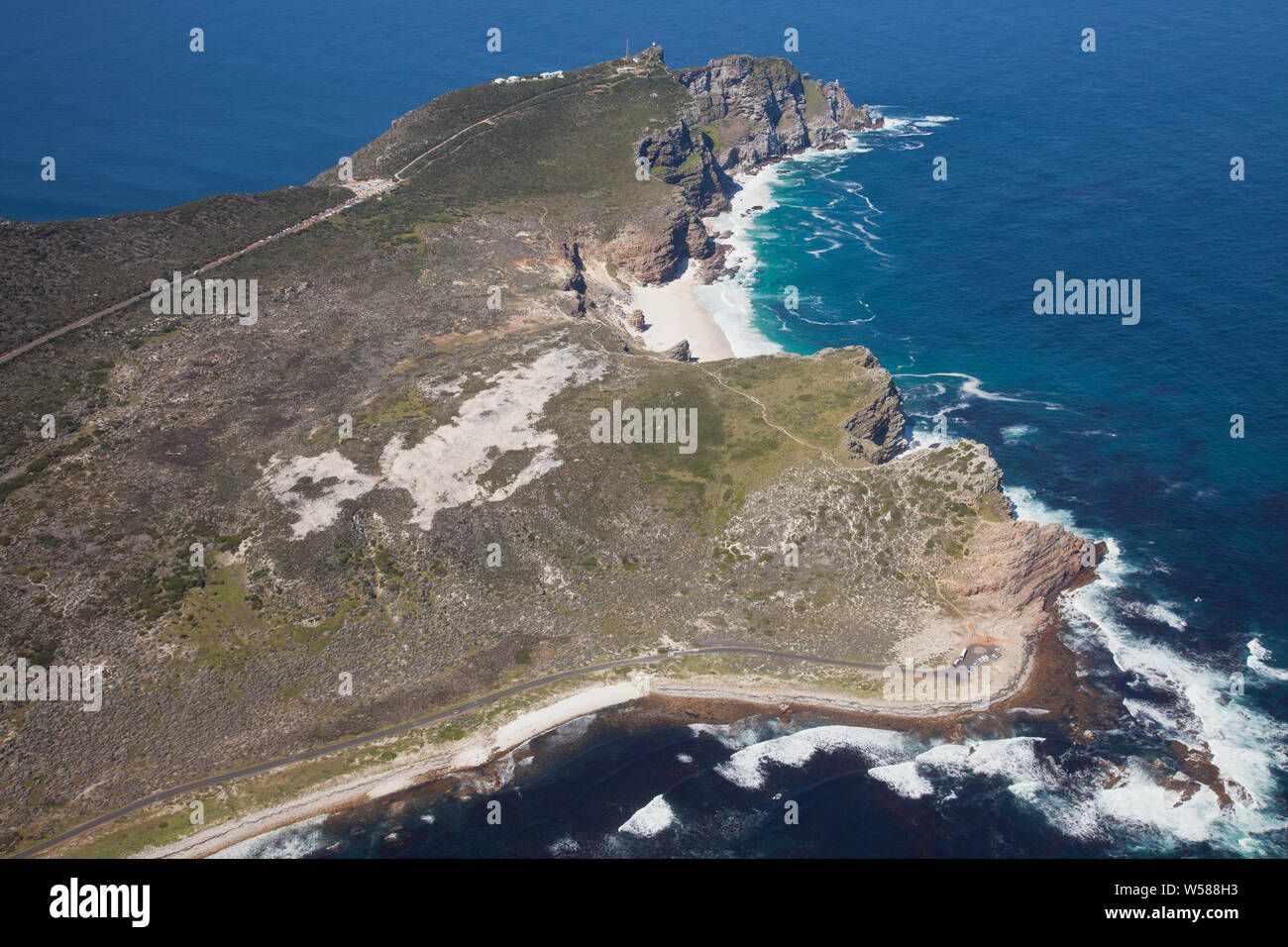 Aerial view of Cape point with lighthouse and Cape of Good Hope from a ...