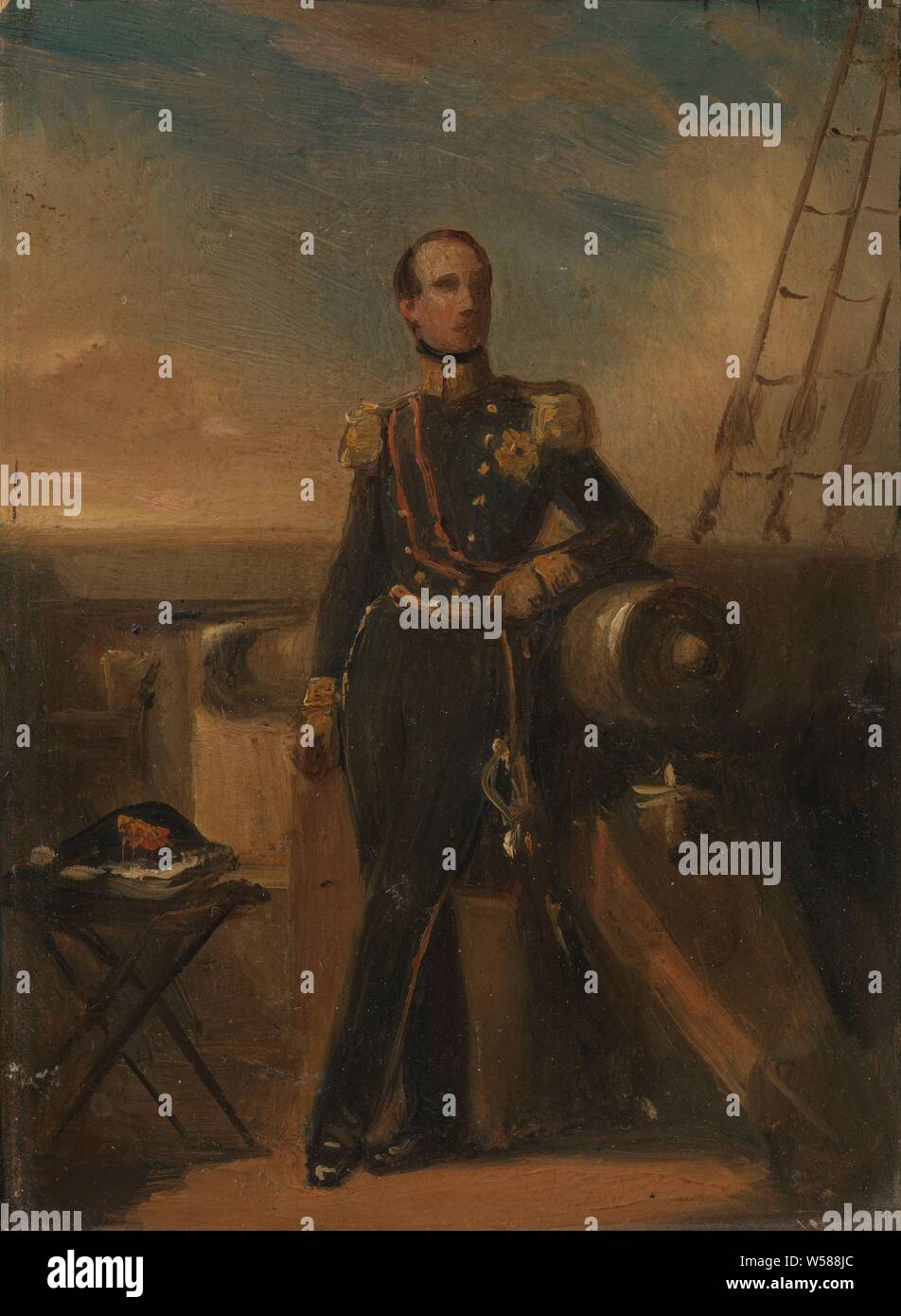 Portrait of Hendrik, Prince of the Netherlands, Portrait of Willem Frederik Hendrik (1820-1879), known as Prince Hendrik. Standing full-length, on deck of a ship, leaning against the barrel of a cannon. Portrayed in admiral uniform, his stitch is on the left side of a table. Sketch for the life-size portrait in Soestdijk Palace, historical persons, troop movements, transportation, commander-in-chief, admiral, Hendrik (Prince of the Netherlands), Nicolaas Pieneman, Netherlands, 1840 - 1850, panel, oil paint (paint), h 15 cm × w 11.5 cm h 28.6 cm × w 24.5 cm × d 3.2 cm Stock Photo