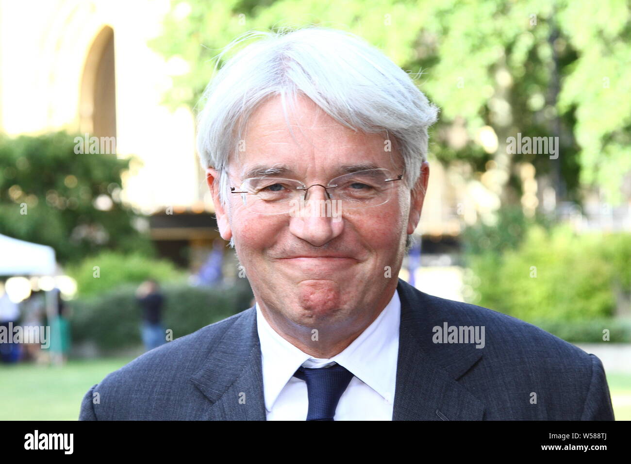 ANDREW MITCHEL MP PICTURED AT COLLEGE GREEN IN THE CITY OF WESTMINSTER ON 24TH JULY 2019. CONSERVATIVE PARTY MPS. BRITISH POLITICIANS. UK POLITICS. TORY PARTY. TORIES. WHIP. CHIEF WHIP. PLEBGATE. Stock Photo