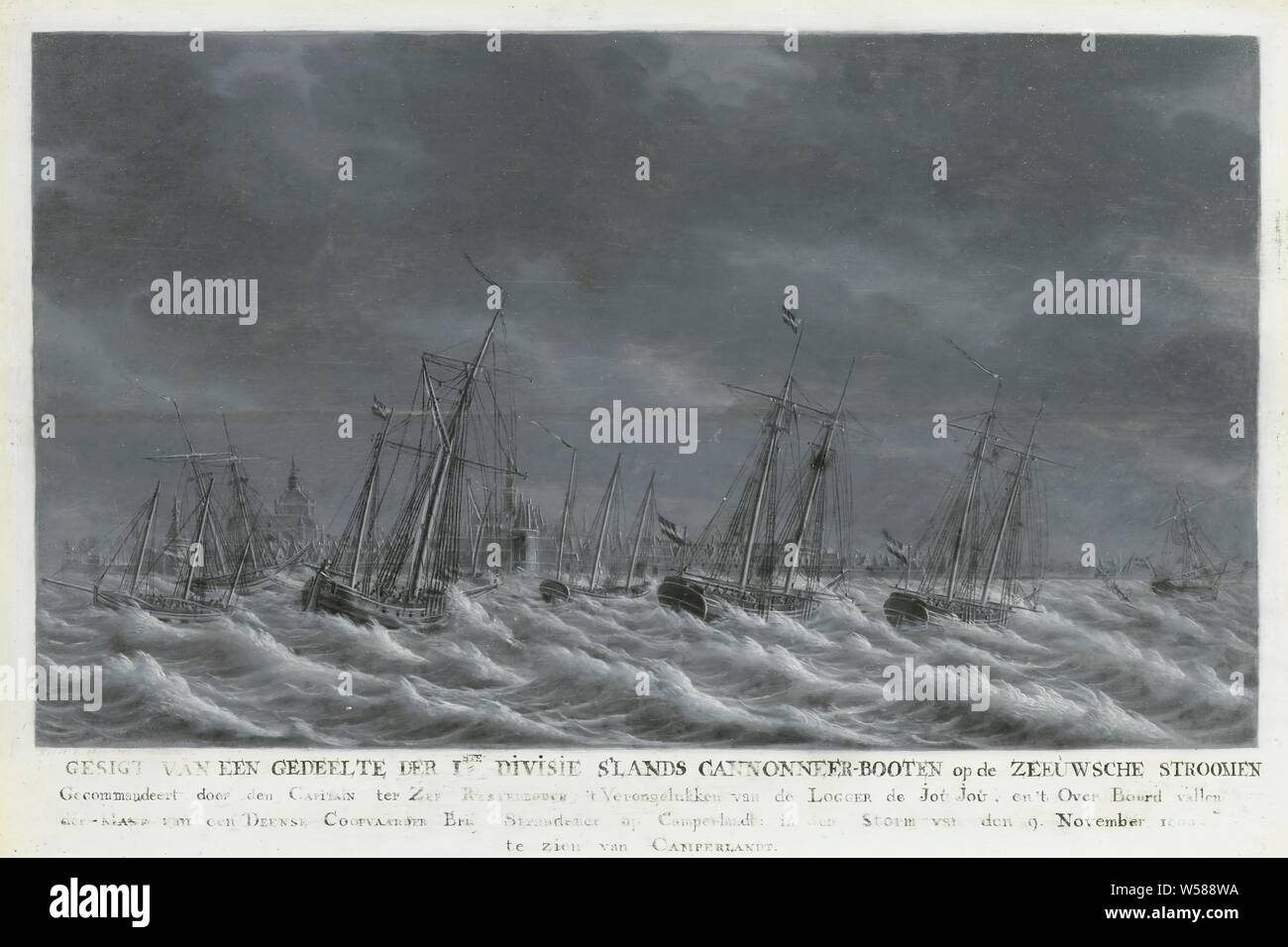 The Batavian Fleet off Veere, 1800, Seascape with the Batavian fleet on rough seas in front of Veere, on November 9, 1800. Under the show a caption: Gesigt of a Section of the 1st Division of the Netherlands Cannoneer boats on the Zeeland currents, commanded by the Capitain ter Zee Resterbooch, The accident of the Logger de Jou Jou, and the Overboard fall of the Mast of a Danish Coopvaarder Brik stranded on Camperlandt. in the Storm of the 9. November 1800, seen from Camperlandt, storm at sea, Veere, Batavian Marine, Engel Hoogerheyden, Middelburg, 1800 - 1809, panel, oil paint (paint), h 31 Stock Photo
