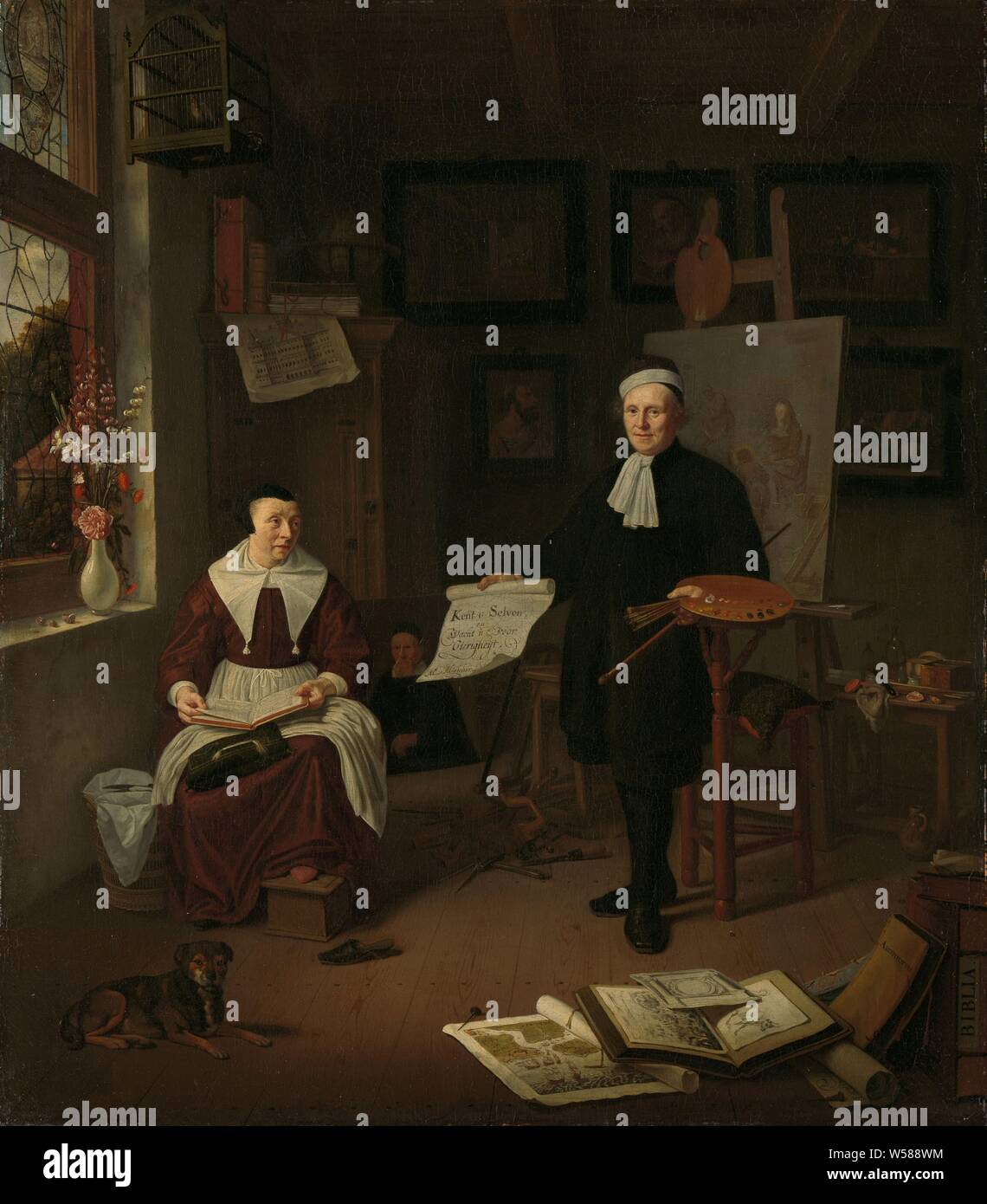 Portrait of Michiel Comans (1614-1687), calligrapher, etcher, painter and schoolmaster, with his third wife Elisabeth van der Mersche, Portrait of Michiel Comans. Calligrapher, in his studio. The painter looks at the viewer and stands with his back to the painting on an easel. In the left hand palette and brushes, in the right hand a sheet of paper with an inscription. His wife is sitting on the left by the window with a book on her lap. A dog is lying on the floor in front of her. On the right on the ground an album with prints and drawings and some separate maps and books. Paintings are Stock Photo