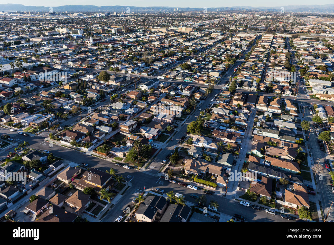 Afternoon aerial view of middle class homes and streets in Los Angeles County, California. Stock Photo