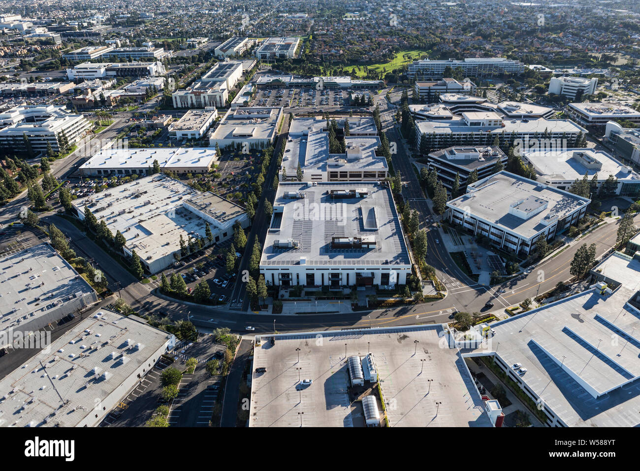 Aerial view of suburban commercial and industrial buildings in Los Angeles County, California. Stock Photo