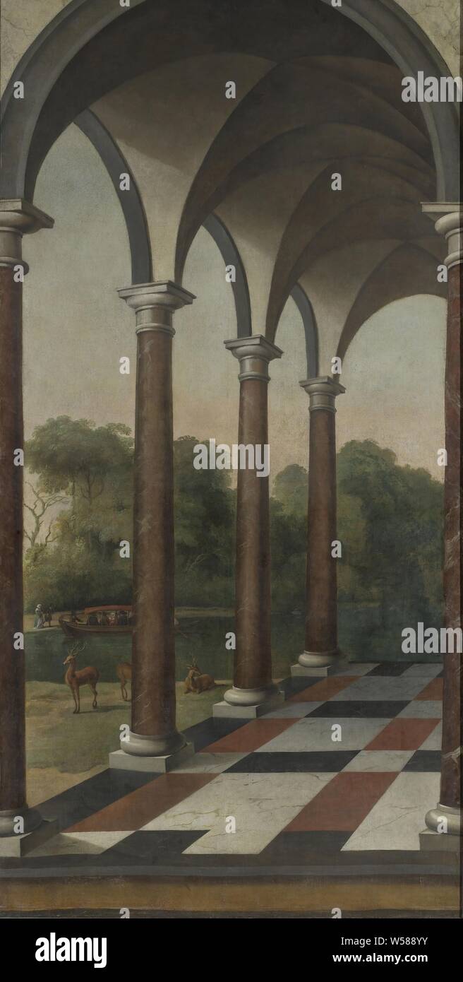 Colonnade giving onto a Park, Colonnade overlooking a park. There are three deer in the garden and a boat with passengers moors in the background. With integrated frame, colonnade, garden, park, Barent Fabritius (attributed to), Northern Netherlands, 1660 - 1673, canvas, oil paint (paint), h 308 cm × w 148 cm d 6.9 cm Stock Photo