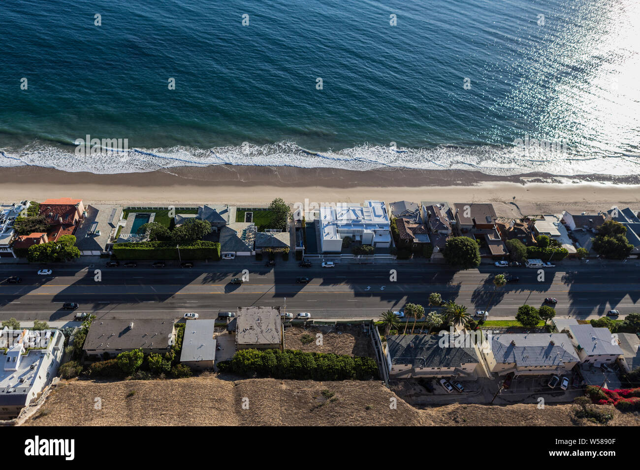 Aerial view of beach houses near Los Angeles on Pacific Coast Highway in Malibu, California. Stock Photo