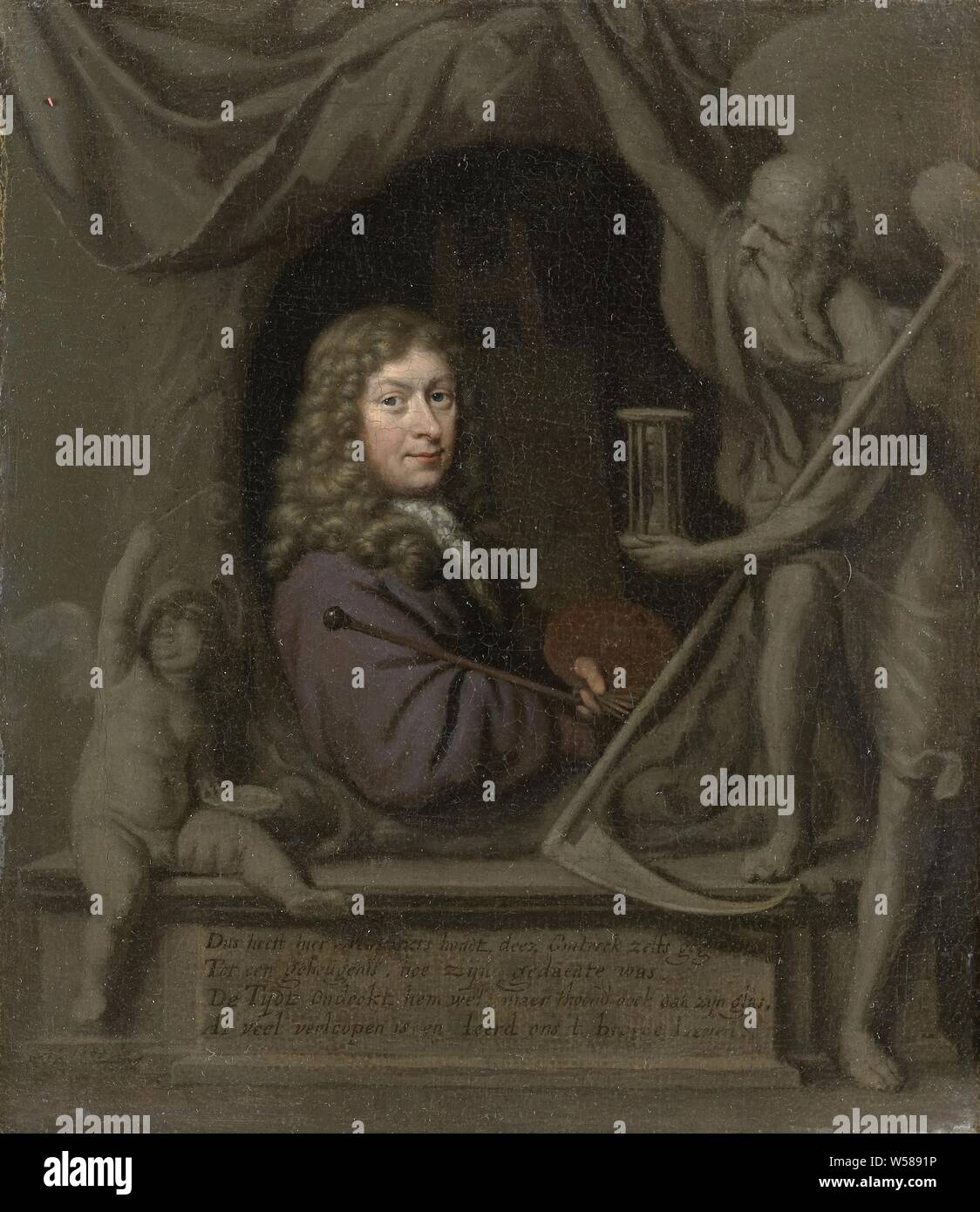 Self-Portrait, Self-portrait of the painter Michiel van Musscher. Sitting, half-length, in a window formed by draperies and a base. Palette, brushes and cane in the left hand. On the left a bubble-blowing putto, on the right is De Tijd with scythe and hourglass. Michiel van Musscher, Michiel van Musscher, 1685, canvas, oil paint (paint), h 20.5 cm × w 18 cm d 4.5 cm Stock Photo