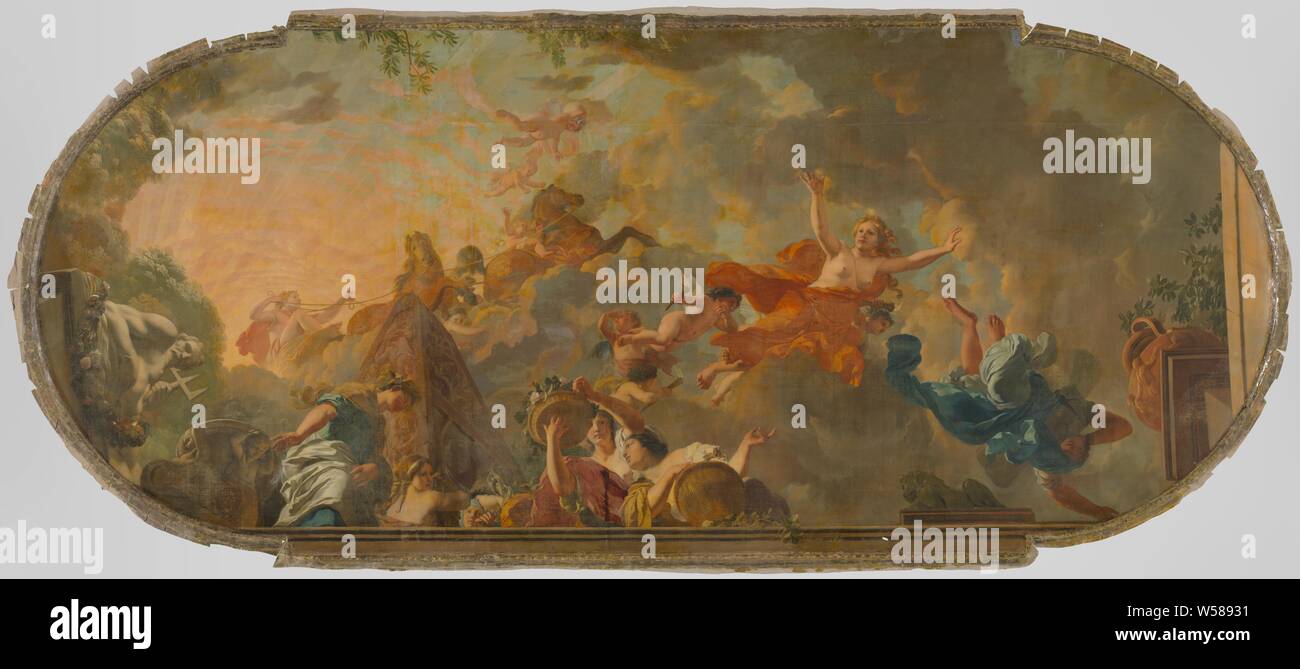 Allegory of Dawn, Allegory of the Dawn. Apollo drives through the sky on his solar car, on the right the female personifications of Stars (?) And the Night flee. On the left a kind of decorated pyramid. Furthermore, various figures behind an illusionistic balustrade, seen from below, dawn, Apollo as sun god, i.e. Sol (Helius), Titan, personification of the night, 'Nox', 'Notte', 'Carro della notte', 'Serenità della notte' (Ripa), Gerard de Lairesse, 1673 - 1677, canvas, oil paint (paint), h 290 cm × h 320 cm × w 730 cm h 327 cm × w 733 cm × d 16.8 cm Stock Photo