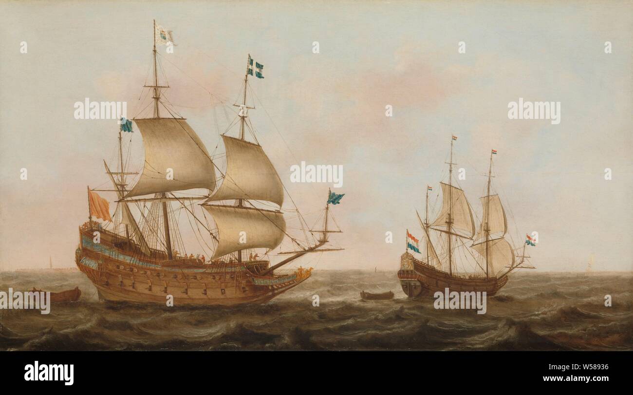 A Warship, built in 1626 by order of Louis XIII in a Dutch shipyard, Arriving at a Dutch Port under Guidance of a Dutch Ship, A French warship, ordered by Louis XIII in 1626 on a Dutch shipyard built, sailing under the guidance of a smaller Dutch ship into a Dutch harbor, ship's portrait (propulsion of vehicle, ship, etc. by wind), navy (sailing-ships), France, Netherlands, Louis XIII (king of France), Jacob Gerritz. Loef, 1626 - 1635, panel, oil paint (paint), h 54.7 cm × w 97.6 cm × t 1.9 cm d 4.6 cm Stock Photo