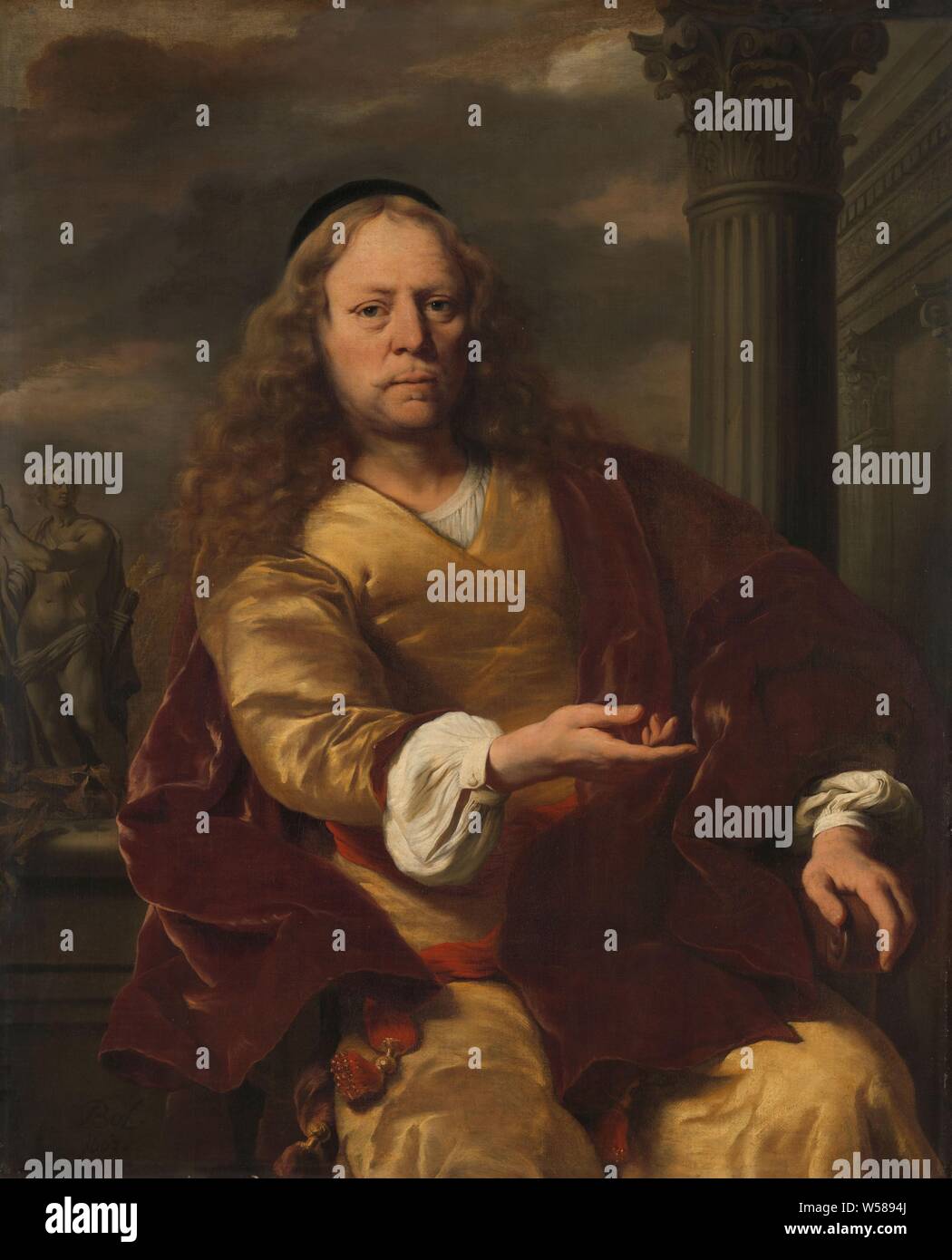 Portrait of a Man, Portrait of a man sitting with outstretched right hand. In the background a column and a statue of Apollo. The identity of the seater is unknown, suggested names are: Jacob van Campen, Artus Quellinus and Louis Trip., Ferdinand Bol, 1663, canvas, oil paint (paint), h 124 cm × w 100 cm d 8.5 cm Stock Photo