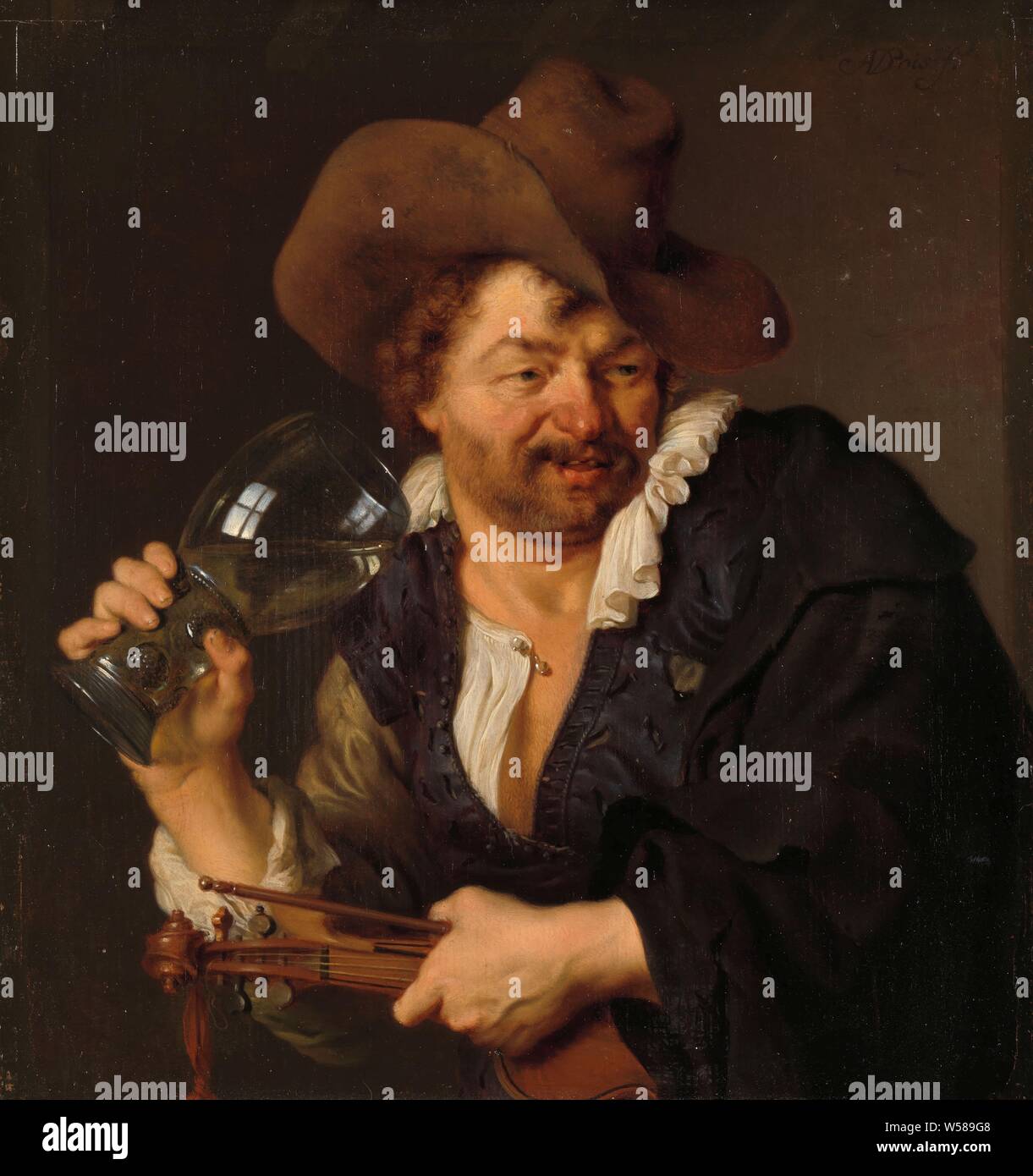 The Merry Fiddler, The cheerful playman. A man with a violin and bow brings a roemer with white wine to the mouth, glass, rummer, violin, fiddle, Ary de Vois, 1660 - 1680, panel, oil paint (paint), h 22 cm × w 19.5 cm d 6 cm Stock Photo
