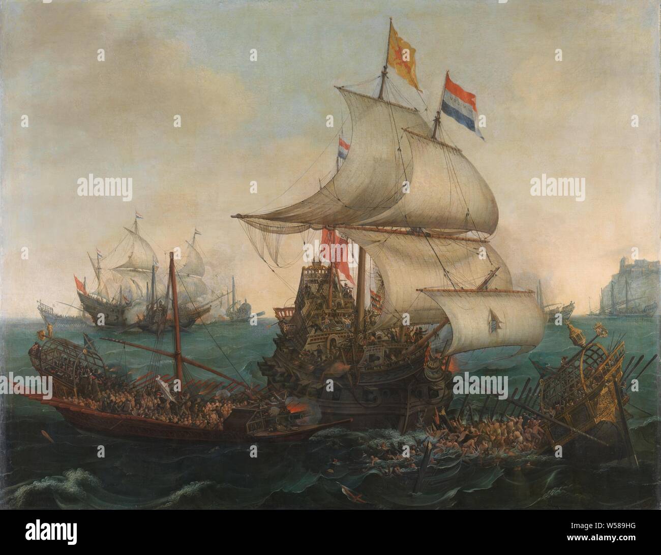 Dutch Ships Ramming Spanish Galleys off the English Coast, 3 October 1602, Dutch ships overseas Spanish galleys below the English coast, 3 October 1602. Sea battle in which Dutch warships ram the Spanish galleys, another Dutch in the background frigate, battle (naval force), Hendrik Cornelisz. Vroom, 1617, canvas, oil paint (paint), support: h 118 cm × w 151 cm d 6.5 cm Stock Photo