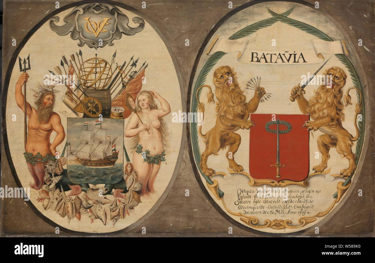 The Arms of the Dutch East India Company and of the Town of Batavia, The arms of the Dutch East India Company and of the city Batavia. The VOC's coat of arms shows a sailing ship at sea, to the left of the weapon is Neptune, to the right Amphitrite (or a mermaid) with a mirror. At the bottom a festival of shells, at the top weapons, banners, nautical instruments and attributes of shipping. The coat of arms of Batavia shows a sword crowned with a laurel wreath, on both sides armed with the seven arrows and a sword, all encircled by two crossed palm branches. The inscription recalls the conquest Stock Photo