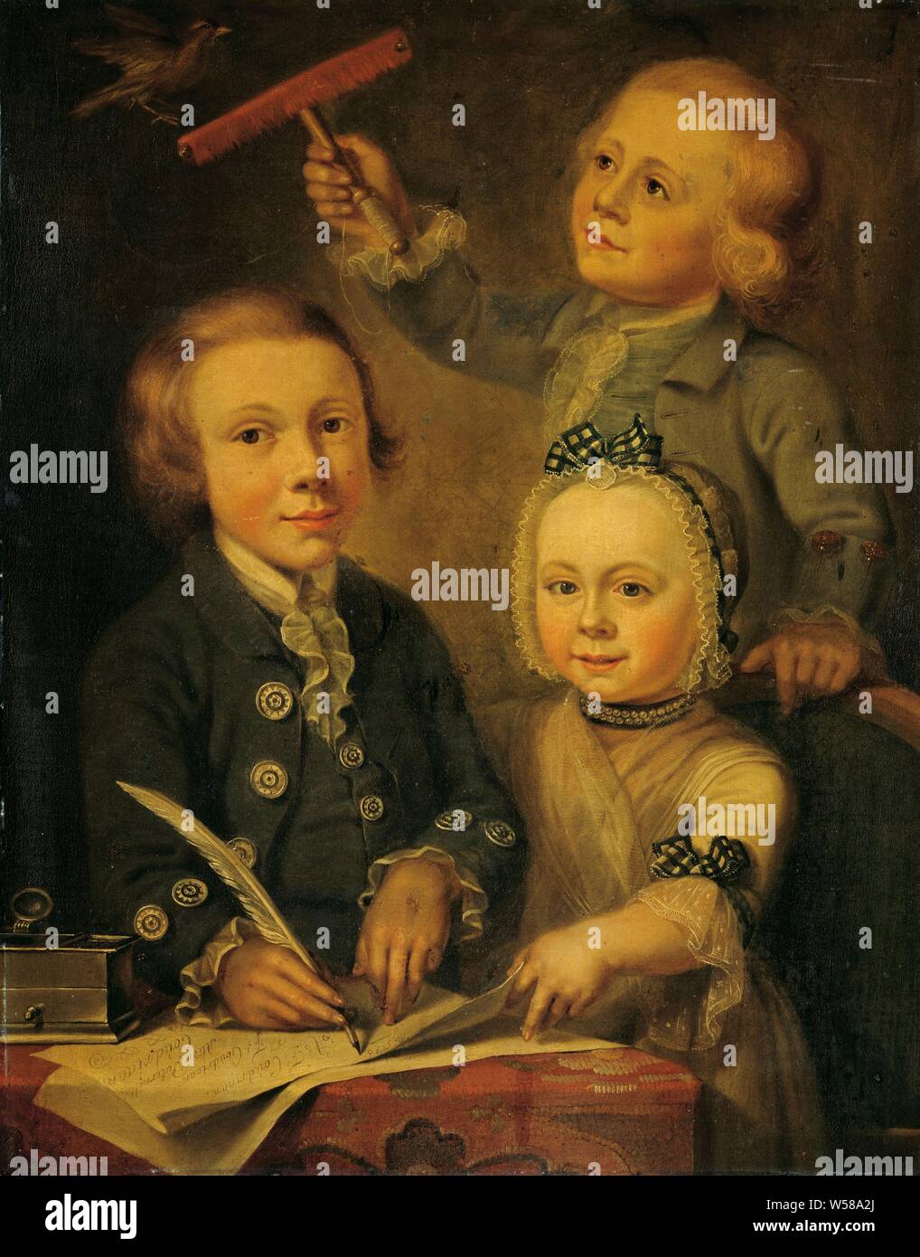 Portrait of the Children of Barend Goudriaan, Group portrait of the children of Barend Goudriaan. The boy on the left is Adrianus François Goudriaan, the girl Alida Petronella Goudriaan and the boy with the bird is François Goudriaan, historical persons, historical persons - BB - woman, child, quill, Netherlands, Barend Goudriaan Ariesz, Adrianus FrançOis Goudriaan, François Goudriaan, Alida Petronella Goudriaan, Cornelis van Cuylenburgh (II), 1776, canvas, oil paint (paint), h 74.3 cm × w 58.9 cm × t 1 cm d 5.6 cm Stock Photo