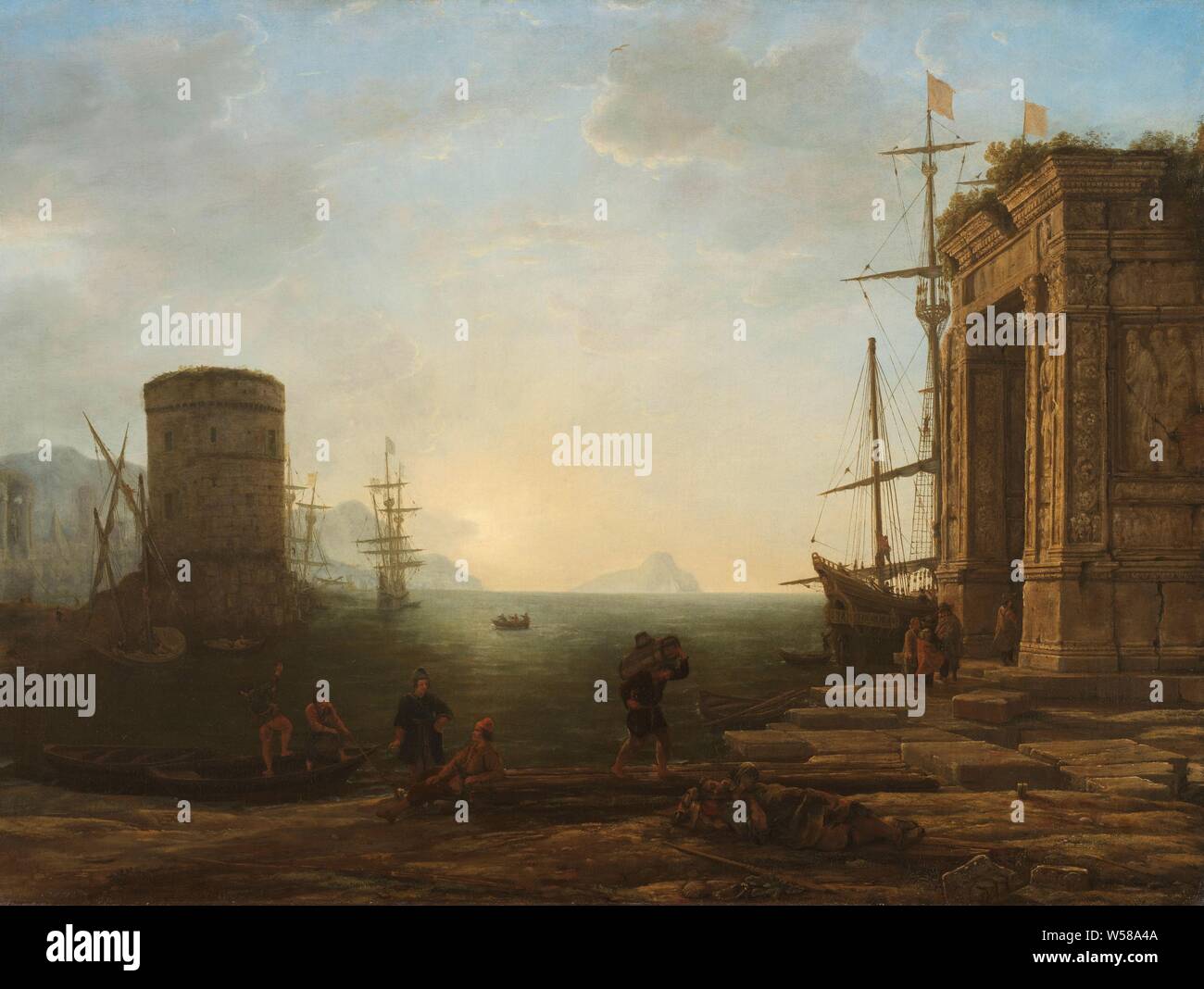 Harbor at Sunrise, An imaginary harbor at the crack of the day. On the right a Roman triumphal arch (based on the Arco degli Argentieri in Rome) with four travelers below. Behind the triumphal arch a sailing ship with two yellow flags on the masts. On the left a round tower (based on the tower of the castle in Tivoli) with four ships around it. In the background an antique city with a pyramid and buildings decorated with statues. In the foreground on the left a boat, two talking men, a man carrying a barrel on his back and a sleeping man with a walking stick next to him. On the horizon in Stock Photo