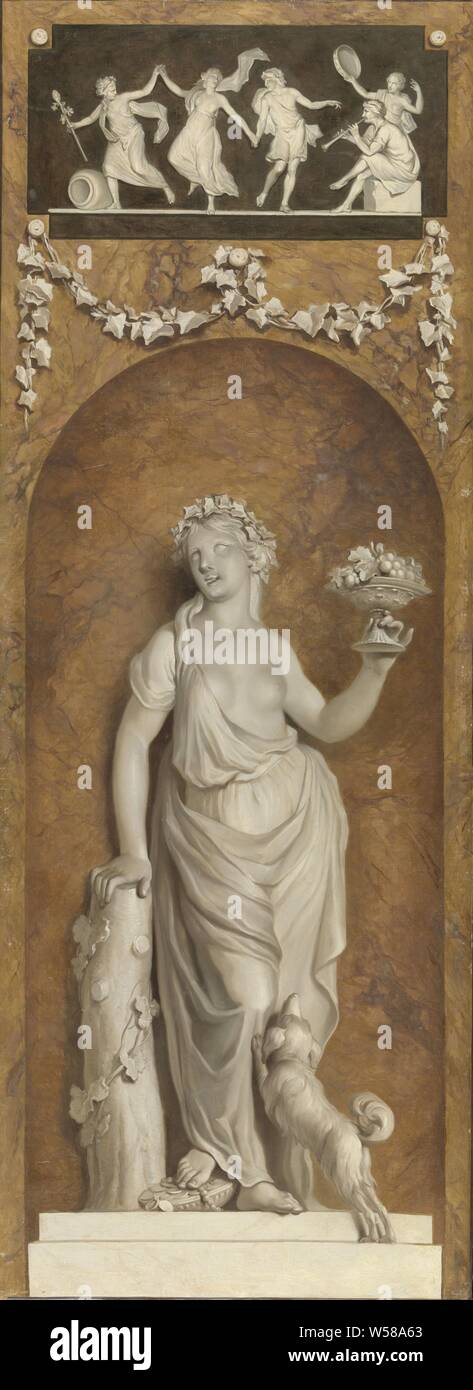 Wallpaper painting with bacchante, Trompe l'oeil: a white marble sculpture in a brown marbled niche. Above the niches, representations are also shown in trompe l'oeil, in grisaille on black ground. Bacchante with a dog and a bowl of grapes, her foot rests on a basket with coins. The bacchante rests against a tree trunk. The niche is decorated with an ivy branch. The frieze represents the musical arts: dance and music. On the left is an amphora on the ground, maenad (s), female bacchant (es), Jurriaan Andriessen, Amsterdam, 1786, oil paint (paint), canvas, painting, h 277 cm × w 102 cm h 235.6 Stock Photo