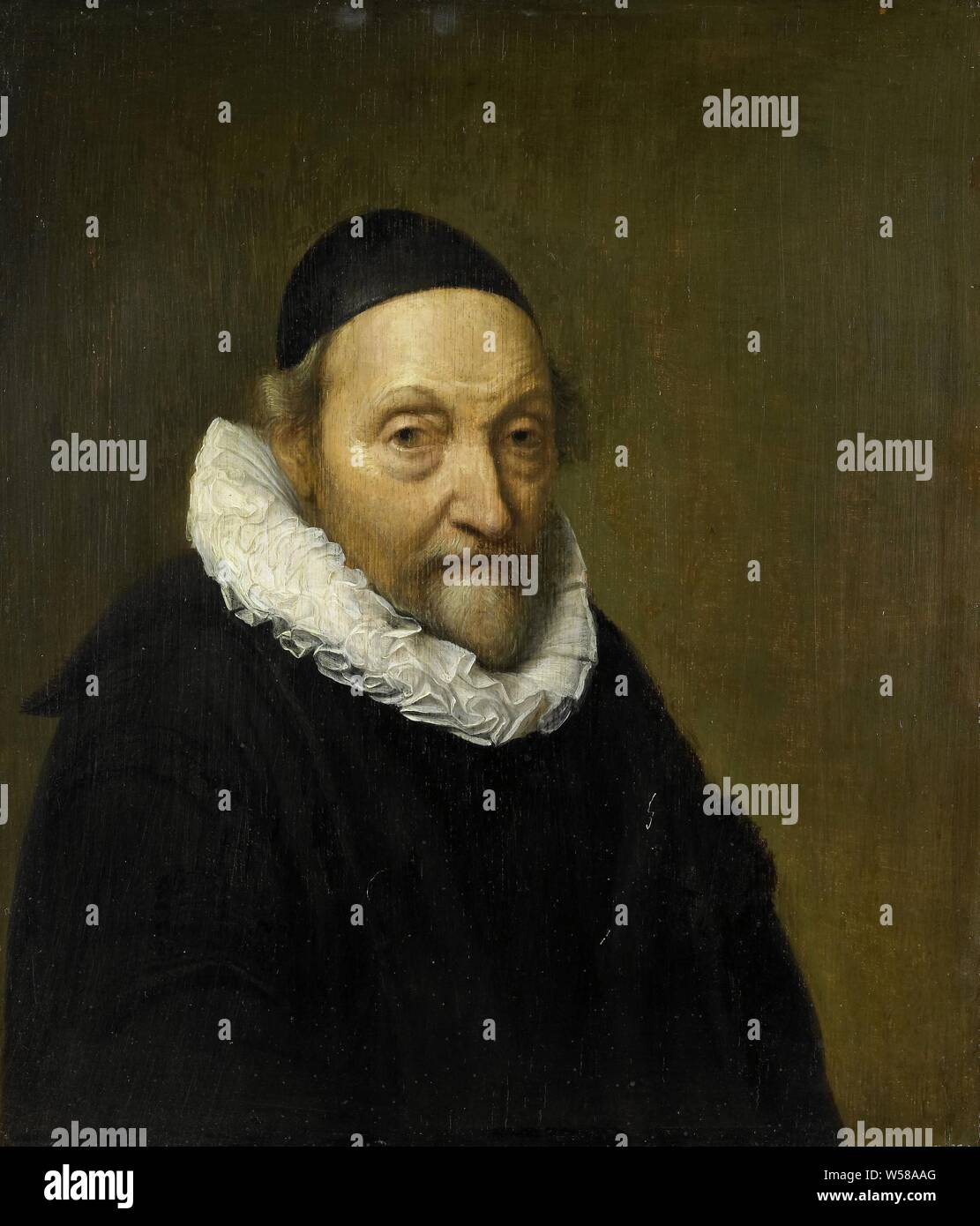 Portrait of Johannes Wtenbogaert (1557-1644), Portrait of Johannes Wtenbogaert, Remonstrants pastor in The Hague. Bust to the right, The Hague, Johannes Wtenbogaert, anonymous, c. 1640 - c. 1644, panel, oil paint (paint), support: h 32.5 cm × w 28 cm d 3.5 cm Stock Photo