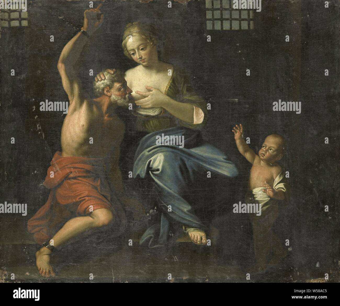 Cimon and Pero (Roman Charity), Cimon and Pero or the Caritas Romana. Pero breastfeeds her father Cimon in prison, on the right a child with outstretched arms., Adriaen van der Werff (copy after), 1670 - 1750, canvas, oil paint (paint), h 58 cm × w 71 cm × t 3.5 cm h 66.6 cm × w 79.6 cm × d 9.8 cm Stock Photo