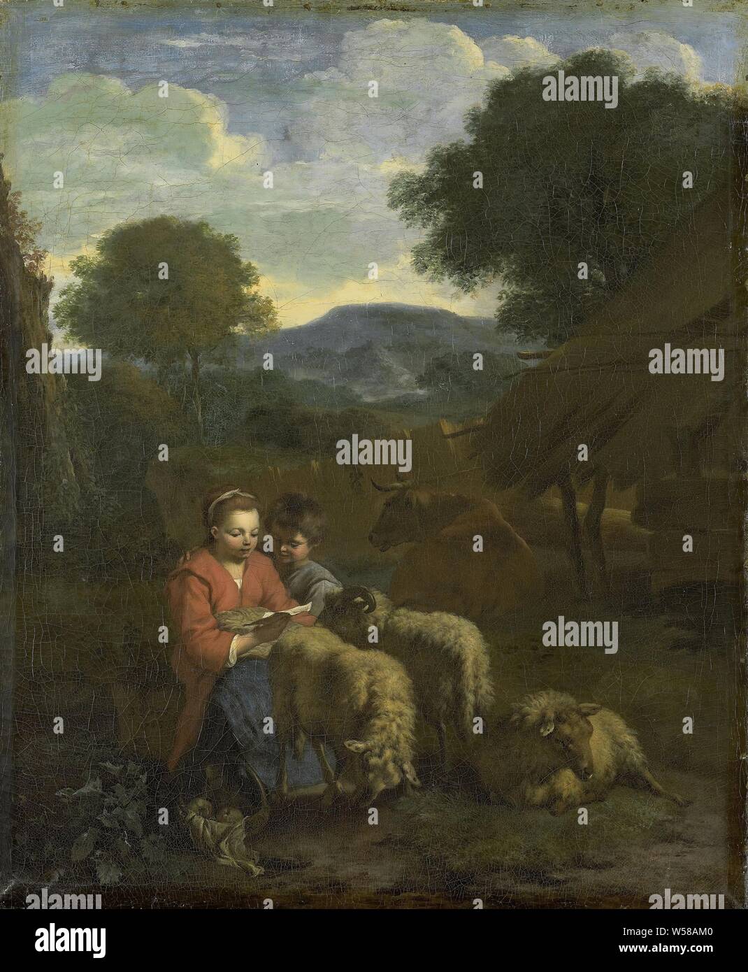Shepherdess Reading, In a mountainous landscape, a shepherd reads or sings with a little boy from a sheet of paper. Hereby some sheep and more back a cow at a barn., Simon van der Does, 1706, canvas, oil paint (paint), h 53.5 cm × w 44.5 cm d 7.4 cm Stock Photo
