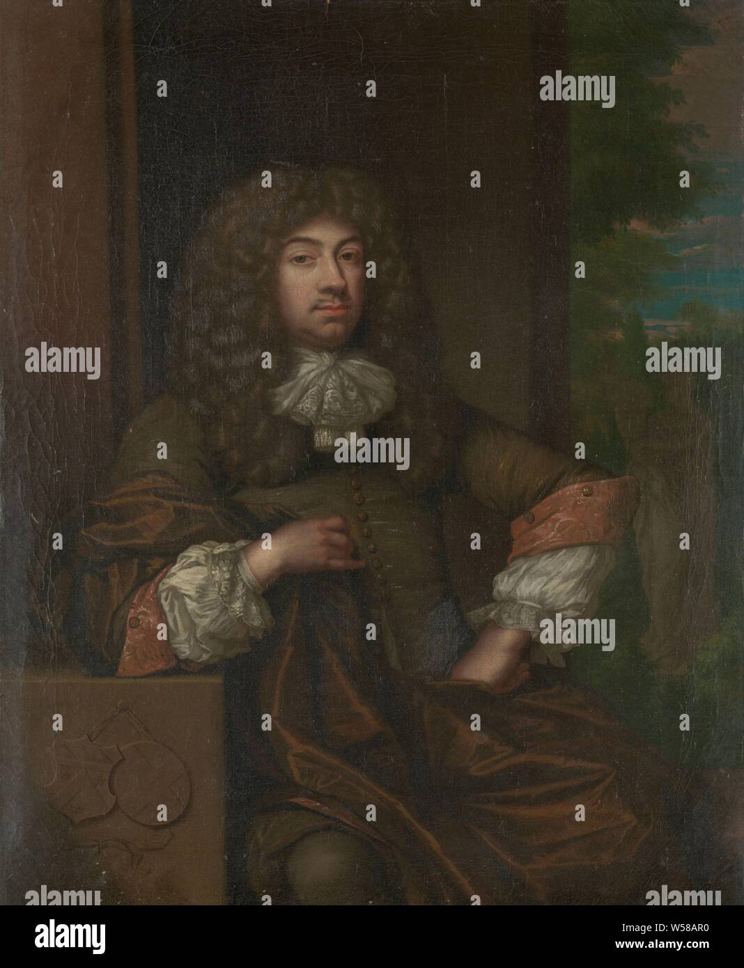 Portrait of Jan Boudaen Courten (1635-1716), Lord of St. Laurens, Schellach and Popkensburg, Judge and Alderman of Middelburg, Portrait of Jan Boudaen Courten, Lord of St Laurens, Schellach and Popkensburg. Council of Middelburg and governor of the VOC. Knee-piece, sitting, on the right a garden with an image of a woman with a hearing of plenty. Copy by Philip van Dijk to the original by Caspar Netscher. Johan Boudaen Courten, Caspar Netscher (copy after), 1690 - 1753, canvas, oil paint (paint), h 49 cm × w 40 cm d 6 cm Stock Photo