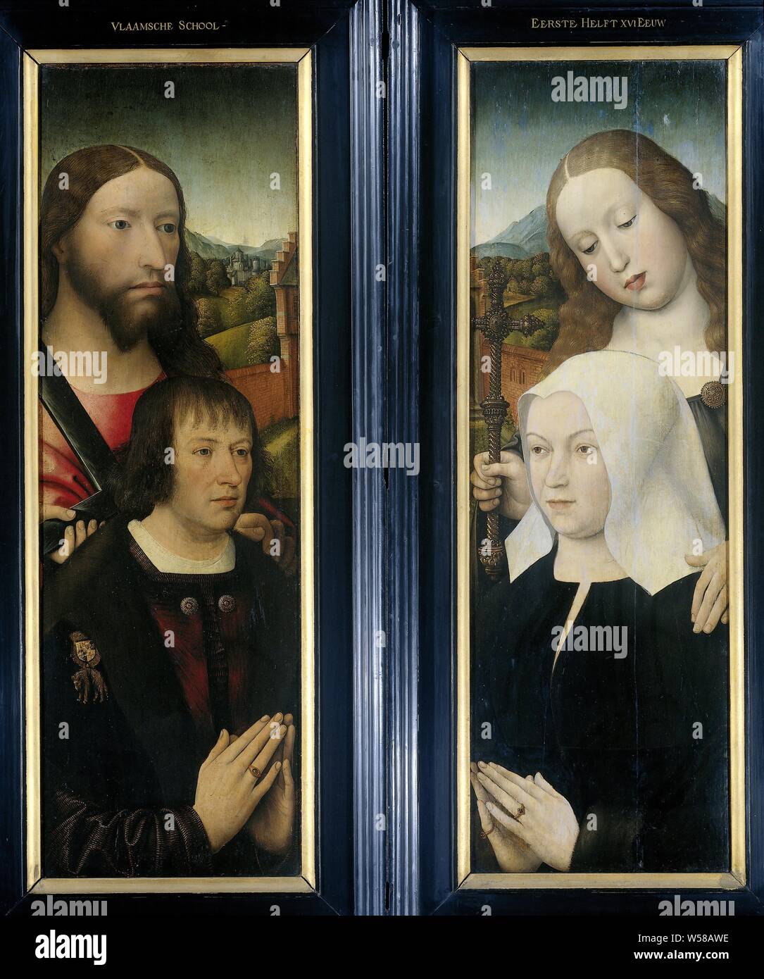 Two Wings of a Triptych with the Donor, Thomas Isaacq, accompanied by Saint Thomas (left, outer wing), and the Donor's Wife accompanied by Saint Margaret (right, Two wings of a triptych. Exterior left side panel: the kneeling founder Thomas Isaacq (died 1539-40), armor of the Golden Fleece, adorned with the arms of Philips the Fair, accompanied by Saint Thomas. Exterior of the right-hand side panel: the founder's kneeling wife with St Margaret, Order of the Golden Fleece, Master of the Magdalen Legend, c. 1505 - c. 1510, panel, oil paint (paint), support: h 89.8 cm × w 28.7 cm d 9 cm Stock Photo