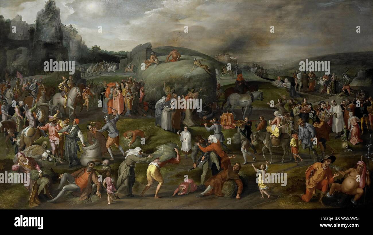 Allegory of Abuses by the Authorities of Church and State, The Haywain: an allegory of worldly and spiritual abuse. Central is a hay wagon managed by devils. The hay symbolizes worldly possessions. Around the wagon, people from all walks of life try to get hold of hay. Bottom left of Death, to the left of the carriage is the pope with a cardinal, a bishop and a monk. In addition, a procession of knights comes over. On the right a procession in which a model of a church is worn, behind it crippled and beggars. Furthermore: murder and manslaughter, robberies, etc., Gillis Mostaert (I), 1570 Stock Photo