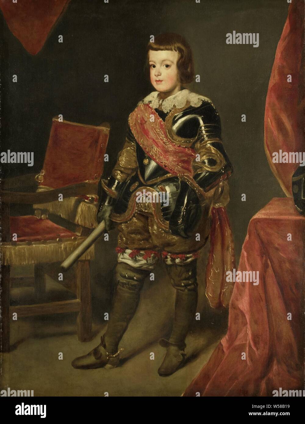 Portrait of Prince Baltasar Carlos, Son of the Spanish King Philip IV, at approximately 11 years of age, Portrait of Prince Balthasar Carlos, son of the Spanish king Philips IV, at about the age of eleven. Standing, full-length in armor, commado staff in the right hand, to the right of a chair., Juan Bautista Martínez del Mazo (attributed to), 1639 - 1645, canvas, oil paint (paint), h 148.8 cm × w 113.2 cm × t 4.6 cm d 7.4 cm Stock Photo