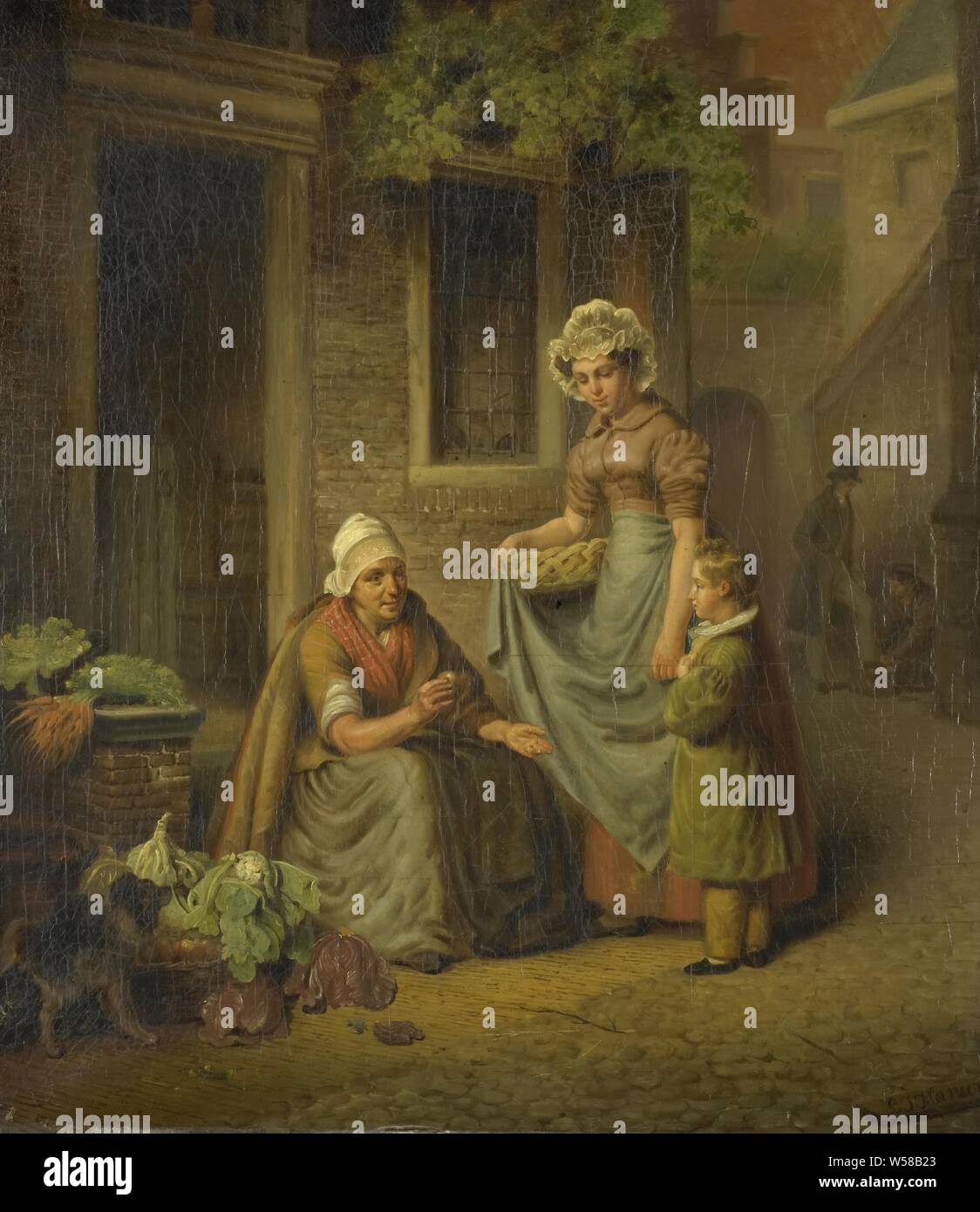 Woman Selling Vegetables, A vegetable seller sits in front of her house and sells vegetables to a maid or to a mother with her son. On the left is a basket of coal on which a dog sniffs. At the back right a gentleman has his shoes cleaned., Lambertus Johannes Hansen, 1825 - 1845, canvas, oil paint (paint), h 58.6 cm × w 51.3 cm × t 3 cm d 10 cm Stock Photo