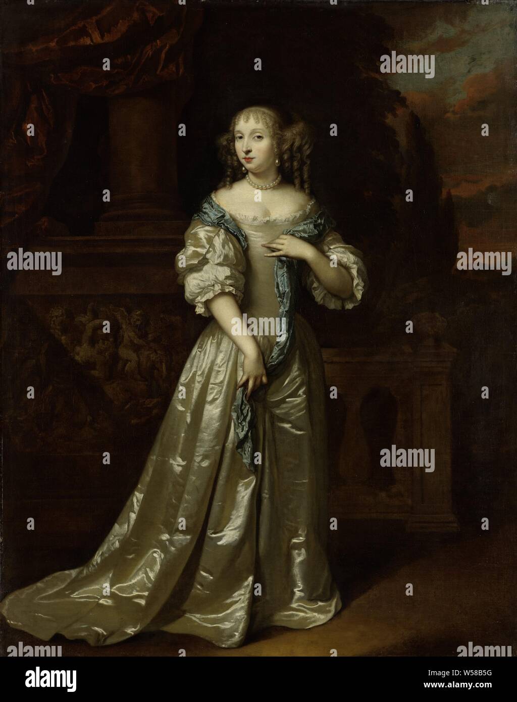 Portrait of Philippina Staunton, Wife or Roelof van Arkel (1632-1709), Lord of Broeckhuijsen, Portrait of Lady Philippina Staunton (died 1723), wife of Roelof van Arkel, lord of Broeckhuijsen. Standing full-length in front of a balustrade overlooking a garden. On the left a relief with putti and other figures., Caspar Netscher, 1668, canvas, oil paint (paint), h 87 cm × w 69 cm d 8.5 cm Stock Photo