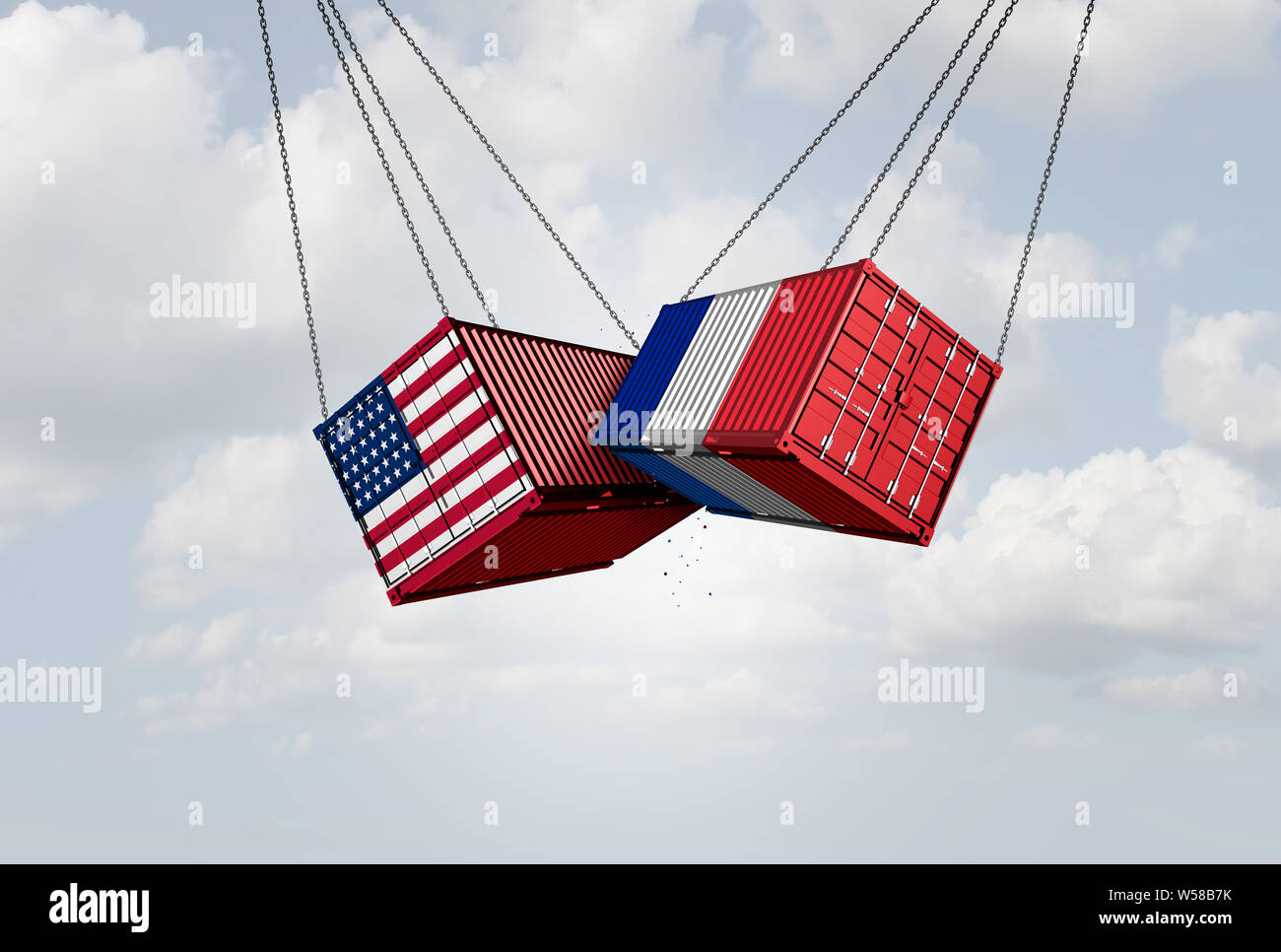 France USA trade war and American tariffs global trade dispute as two opposing cargo freight containers in French tax economic conflict over import. Stock Photo