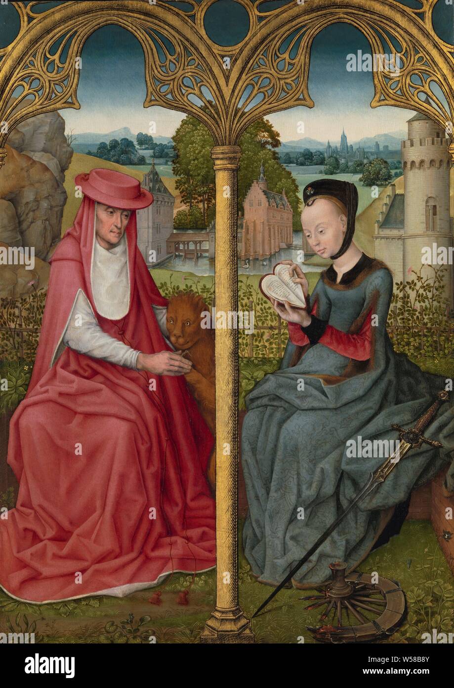 St Jerome and St Catherine of Alexandria, Saint Jerome and Sainte Catherine, De hl. Hieronymus and the hl. Catherine sits on a turf bench that is shielded from the landscape behind by a rose hedge. Jerome is accompanied by his symbol animal, the lion, from whose leg he has drawn a thorn. There is a smoldering, broken wooden wheel at Catharina's feet, and a long sword leaning beside her, both symbols of her martyrdom. The royal daughter Catharina was considered a role model for rich, courtly women, and as such she is also depicted here. She has a highly shaved forehead in the fashion of that Stock Photo