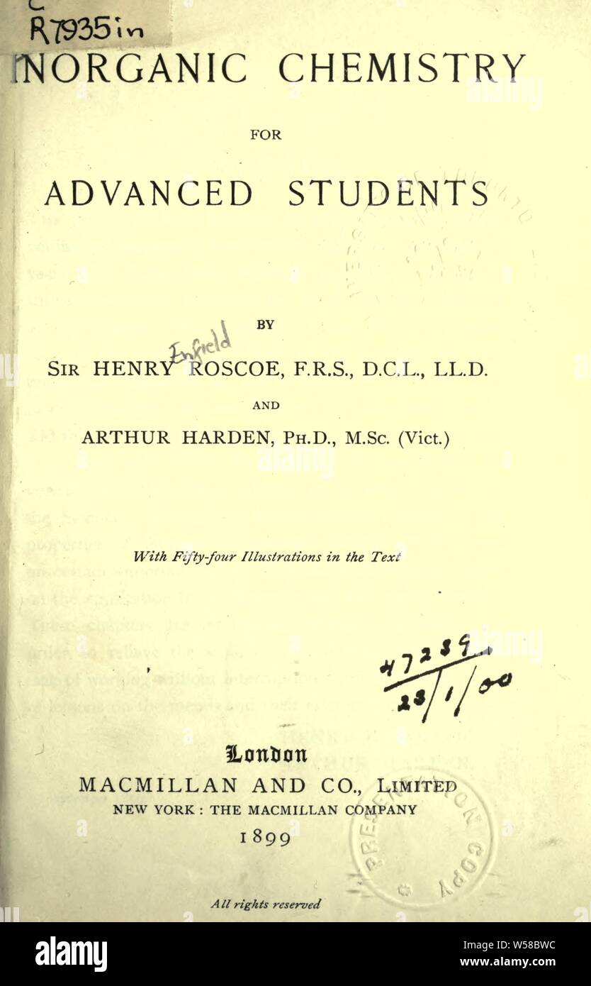 Inorganic chemistry for advanced students : Roscoe, Henry E. (Henry Enfield), 1833-1915 Stock Photo