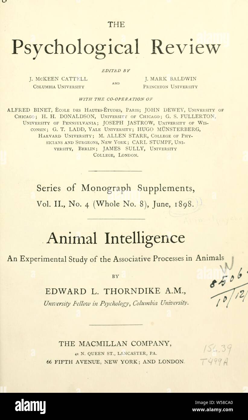 Animal intelligence : an experimental study of the associative processes in animals : Thorndike, Edward L. (Edward Lee), 1874-1949 Stock Photo