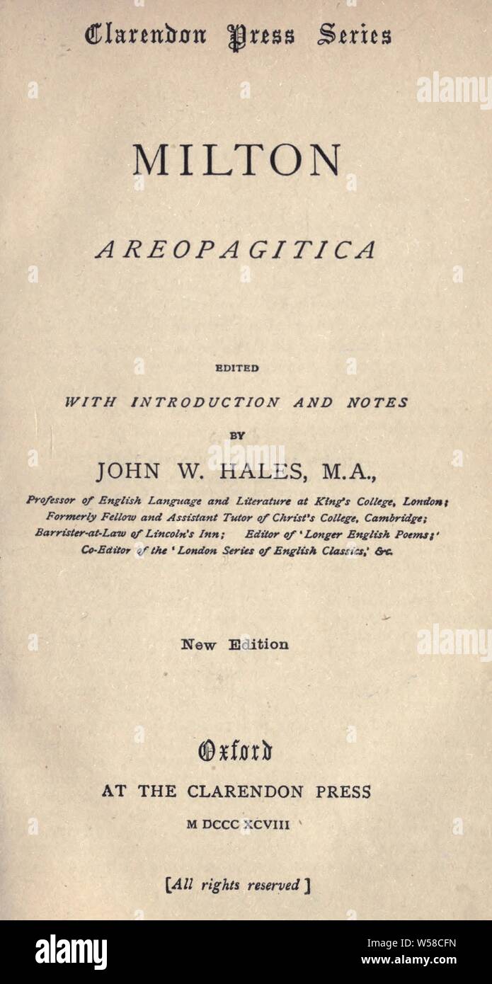 Areopagitica : Milton, John, 1608-1674 Stock Photo