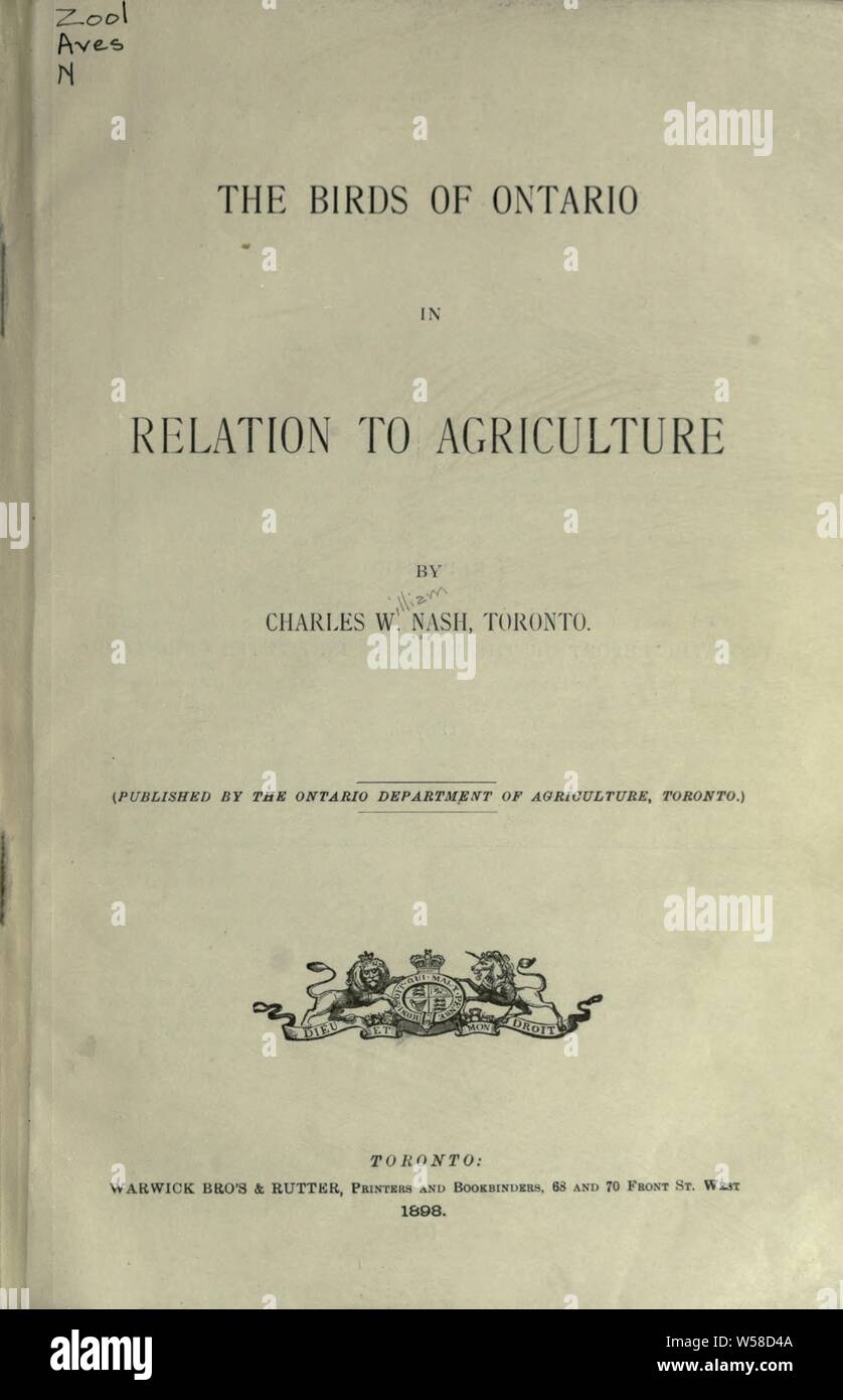 The birds of Ontario in relation to agriculture : Nash, Charles W. (Charles William), 1848-1926 Stock Photo