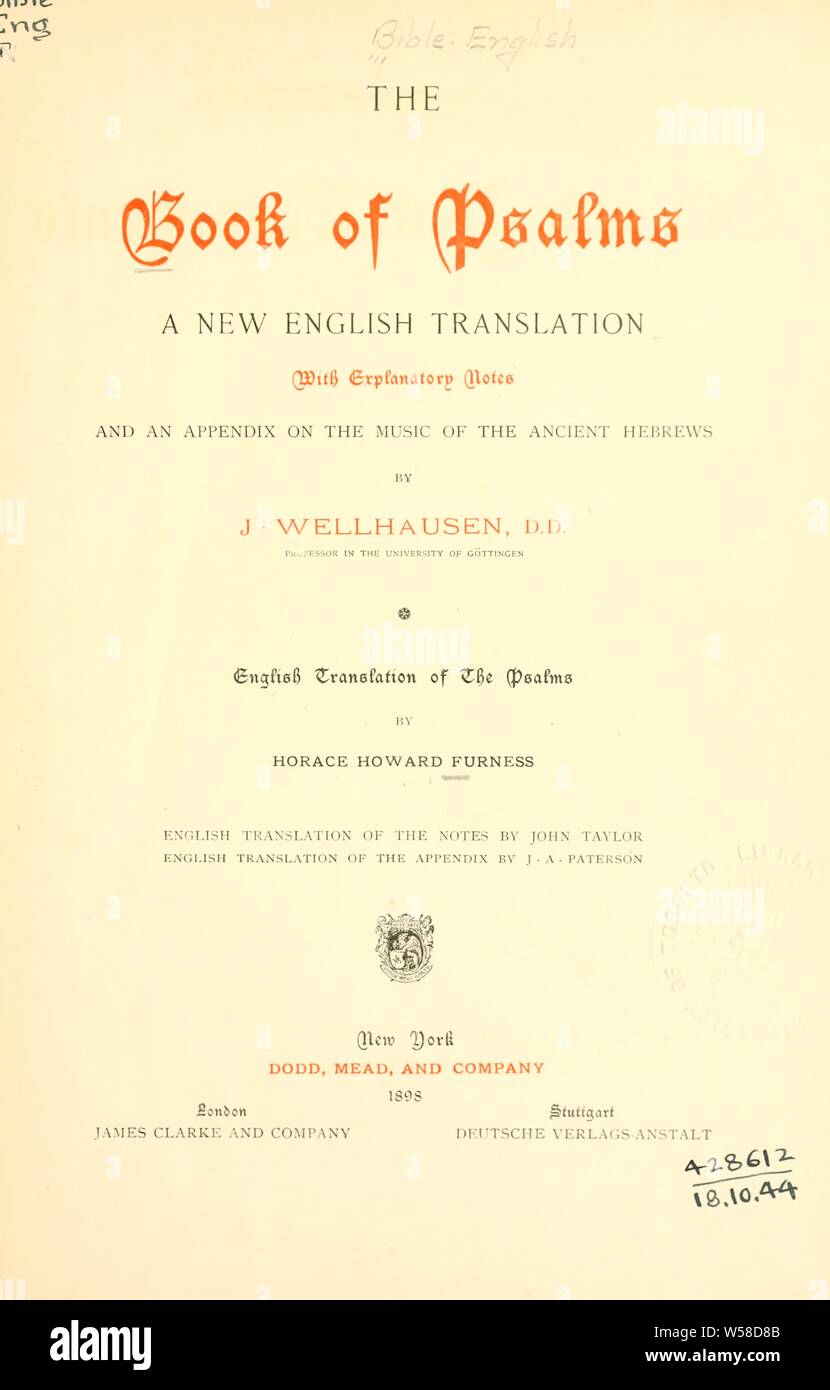 The Book of Psalms, a new English translation : Furness, Horace Howard, 1833-1912 Stock Photo