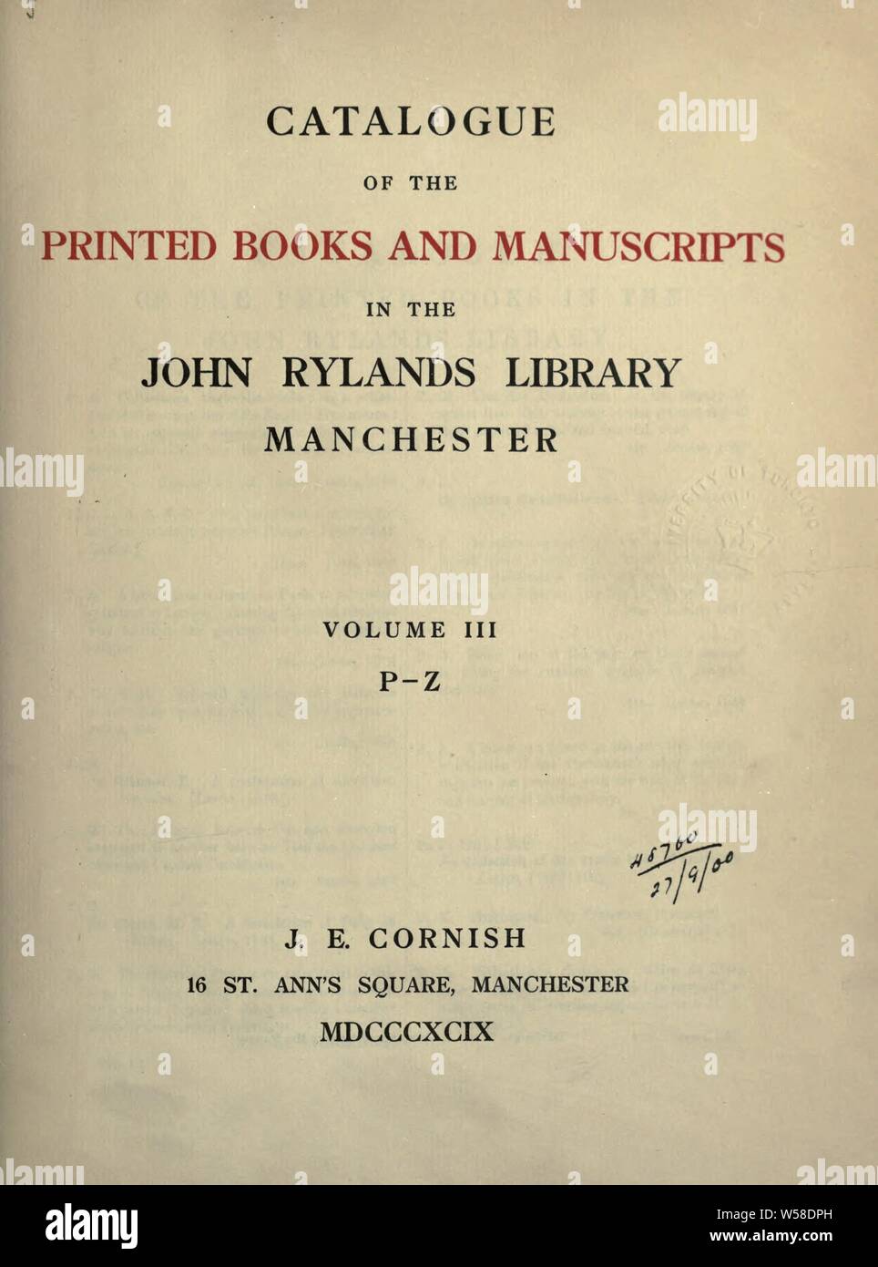 Catalogue of the printed books and MSS : John Rylands Library, Manchester Stock Photo