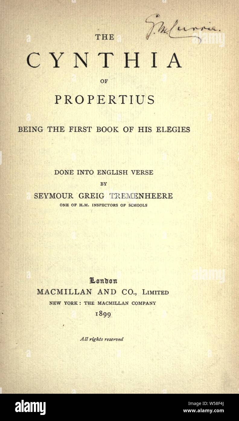 Cynthia : Being The First Book Of His Elegies : Propertius, Sextus ...