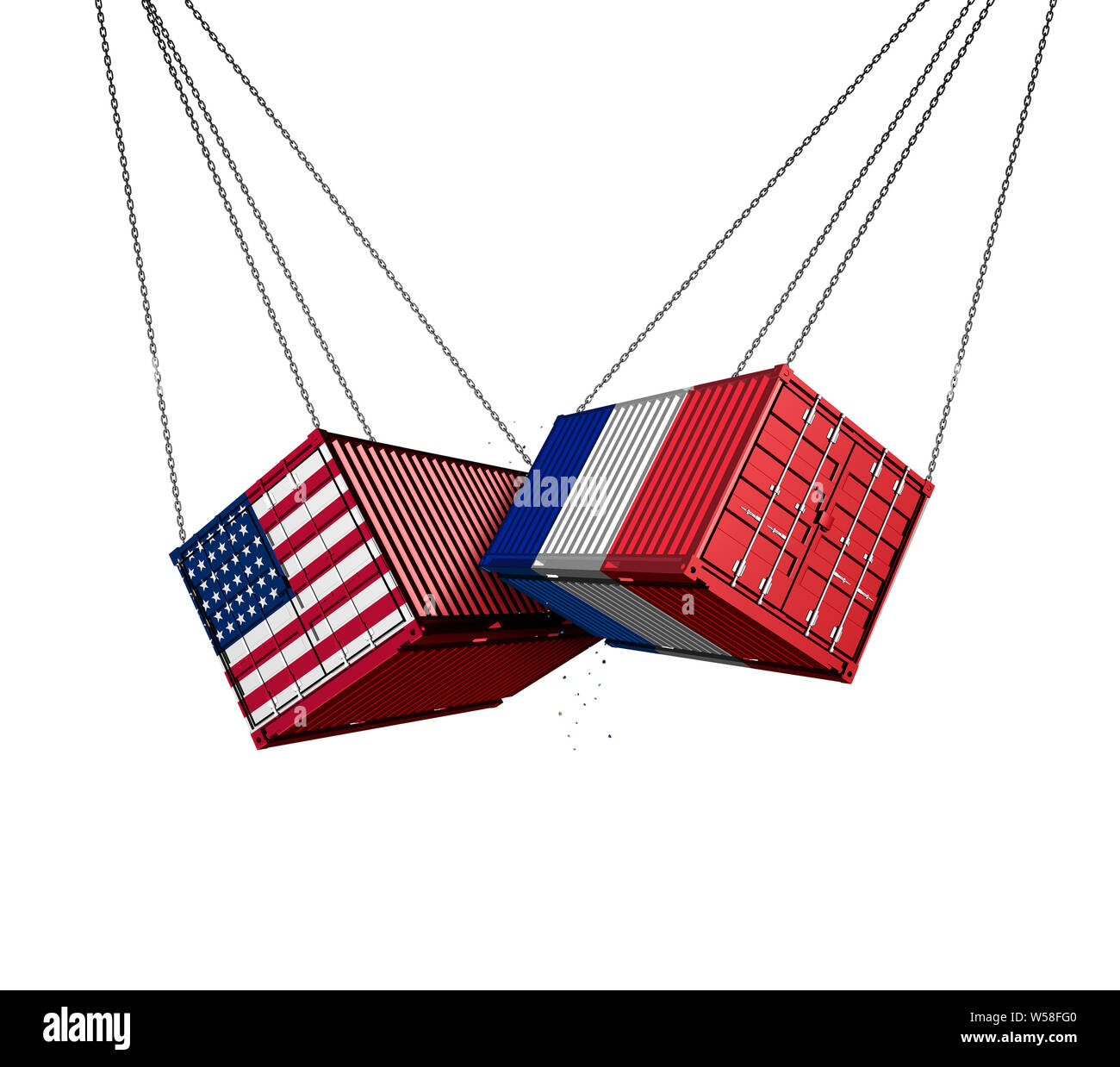 French tax USA trade war and American tariffs global trade dispute as two opposing cargo freight containers in France as an economic conflict. Stock Photo