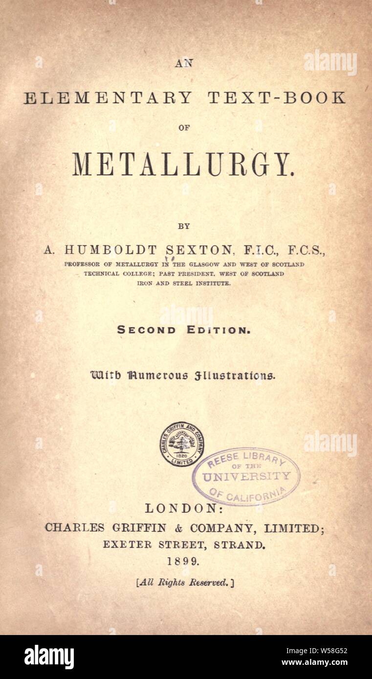 An elementary text-book of metallurgy : Sexton, A. Humboldt (Alexander Humboldt), b. 1853 Stock Photo