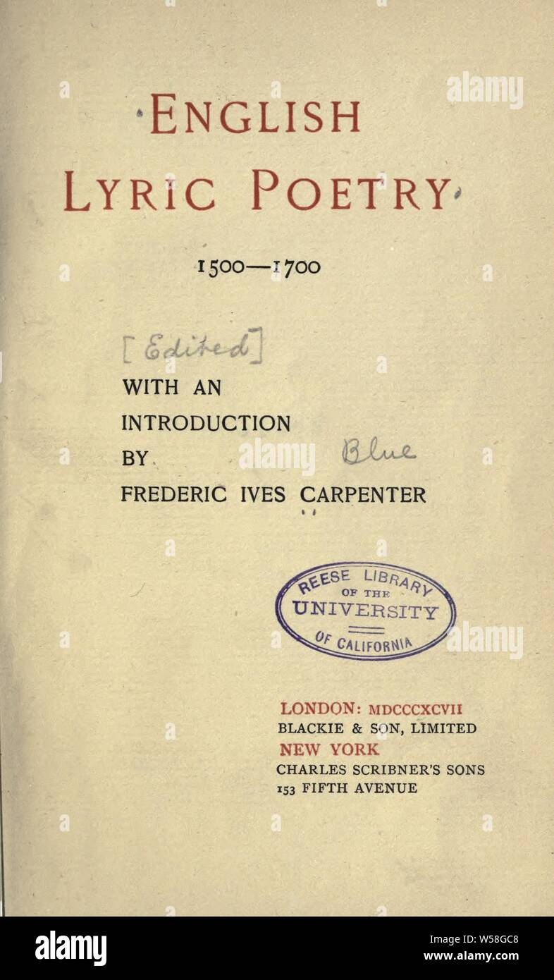 English lyric poetry, 1500-1700 : Carpenter, Frederic Ives, 1861-1925 Stock Photo