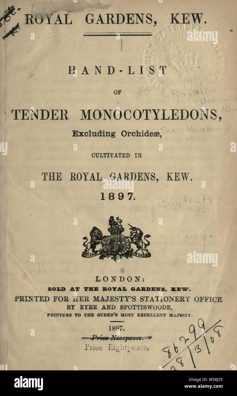 Hand-list of tender monocotyledons, excluding Orchideae, cultivated in the Royal Gardens, Kew. 1897 : Royal Botanic Gardens, Kew Stock Photo