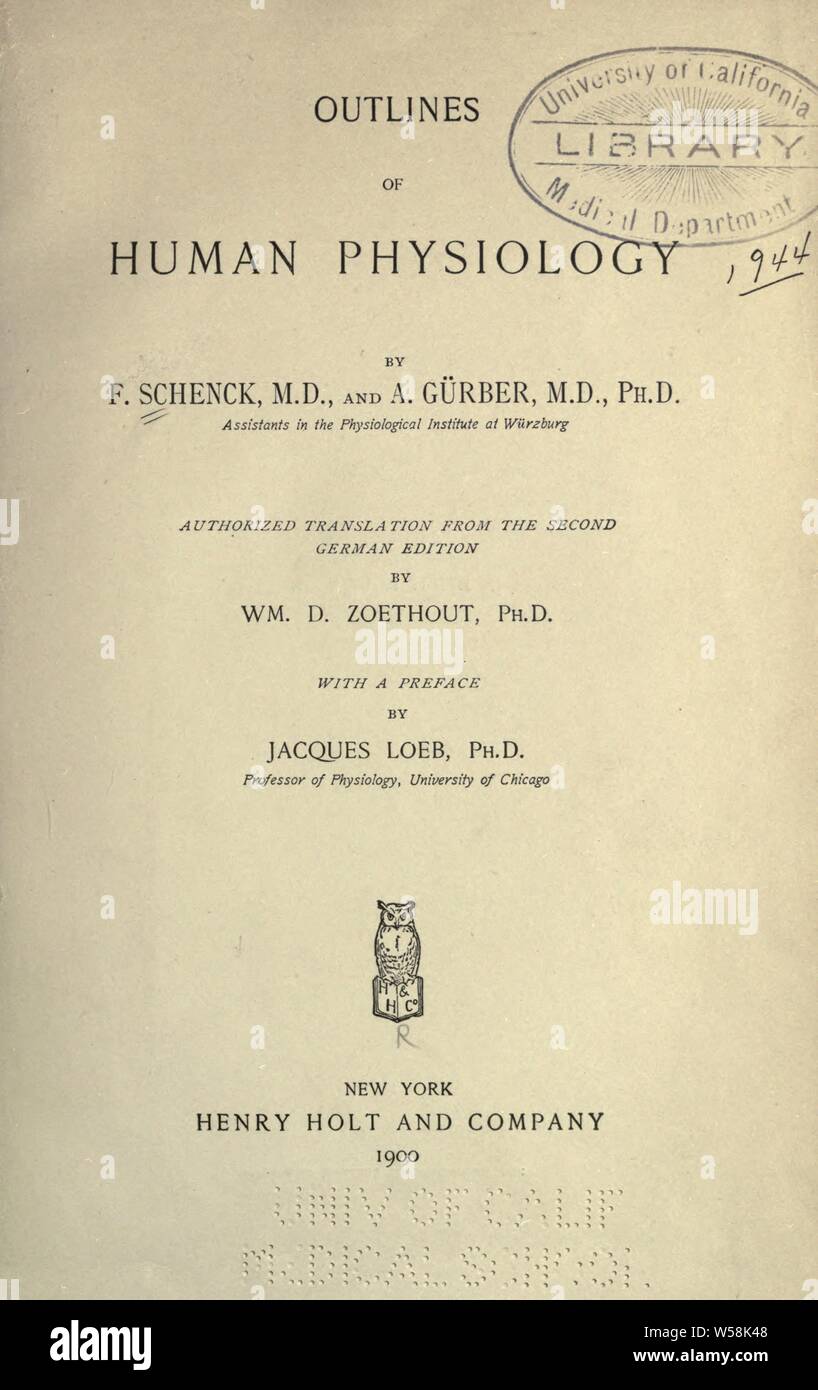 Outlines of human physiology : Schenck, Friedrich Wilhelm Julius, 1862-1916 Stock Photo