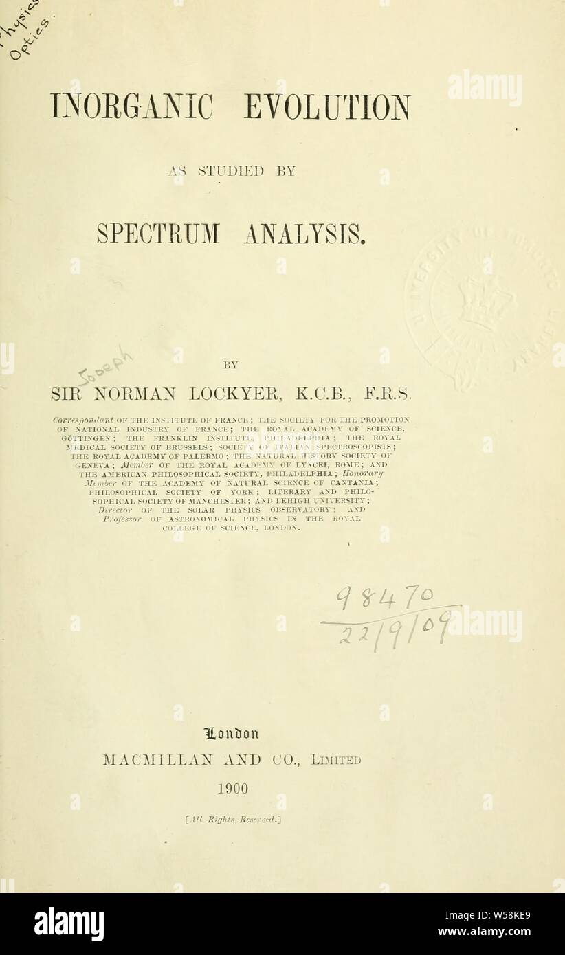 Inorganic evolution as studied by spectrum analysis : Lockyer, Sir Joseph Norman, 1836-1920 Stock Photo