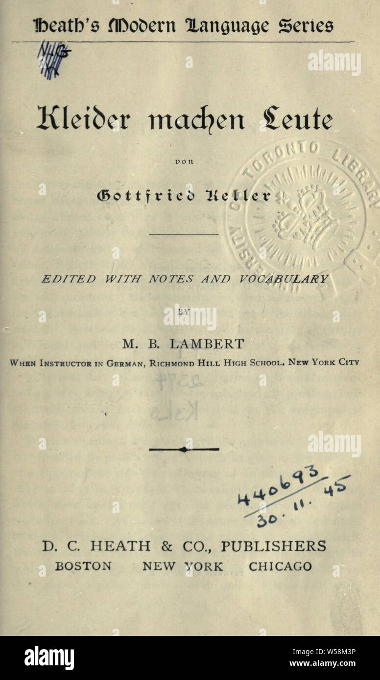 Kleider machen Leute. Edited with notes and vocabulary by M.B. Lambert : Keller, Gottfried, 1819-1890 Stock Photo