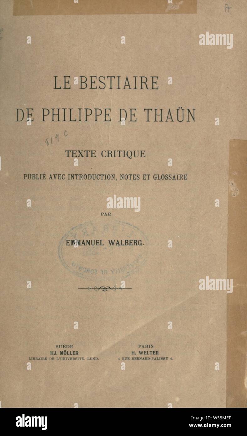 Le Bestiaire de Philippe de Thaün. Texte critique pub. avec