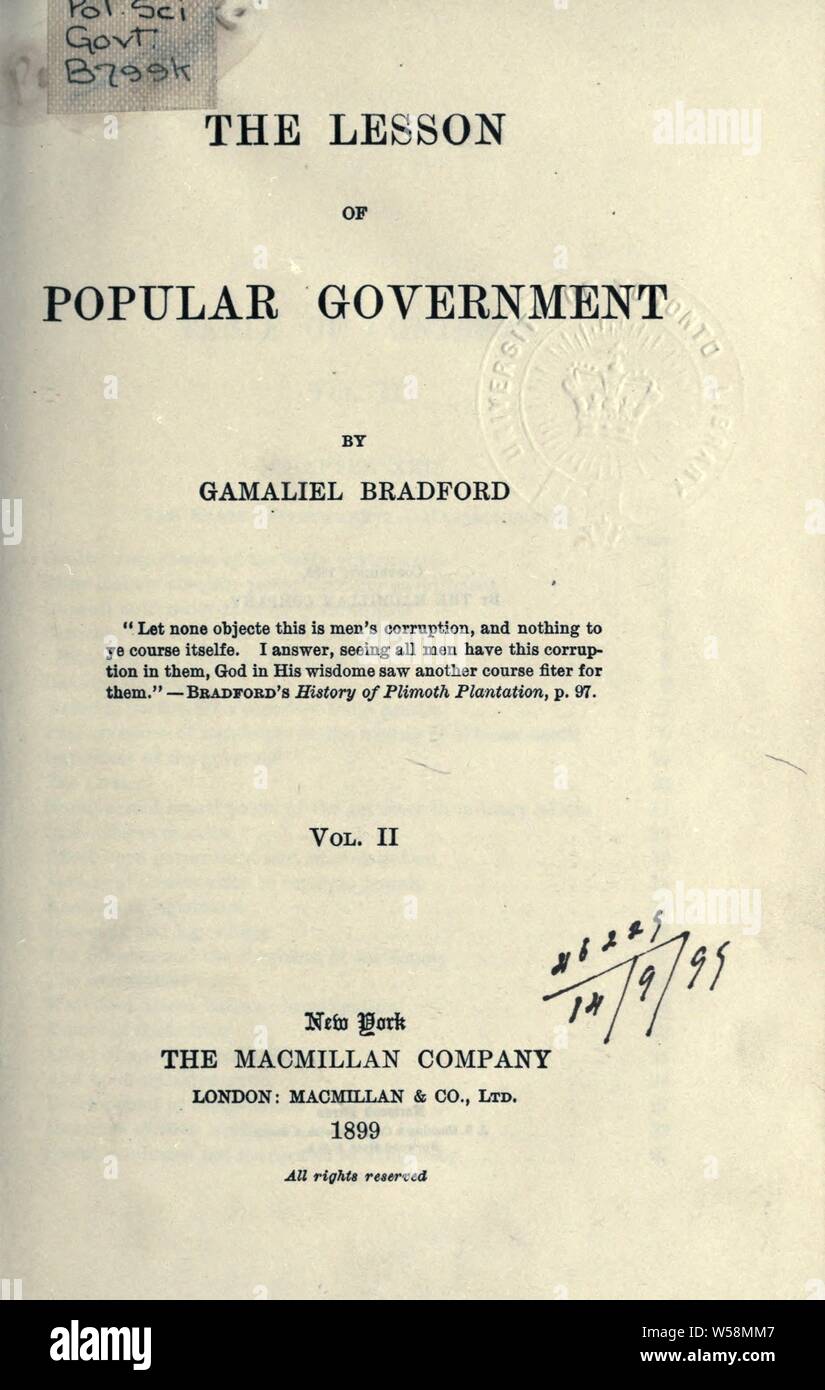 The lesson of popular government : Bradford, Gamaliel, 1831-1911 Stock Photo