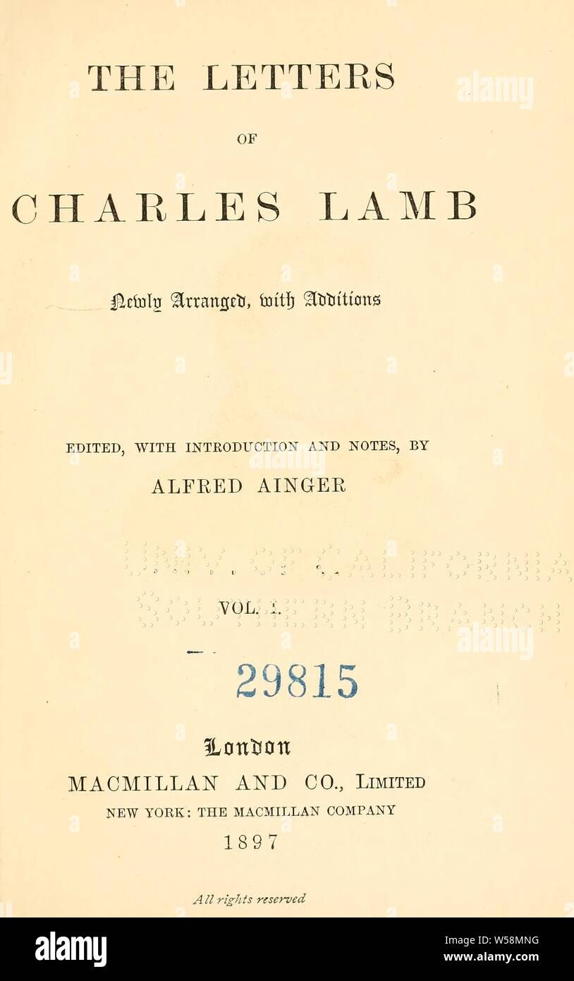 The letters of Charles Lamb : Lamb, Charles, 1775-1834 Stock Photo