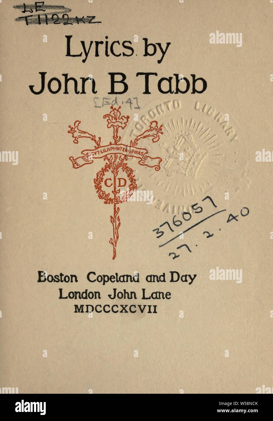 Lyrics : Tabb, John B. (John Banister), 1845-1909 Stock Photo