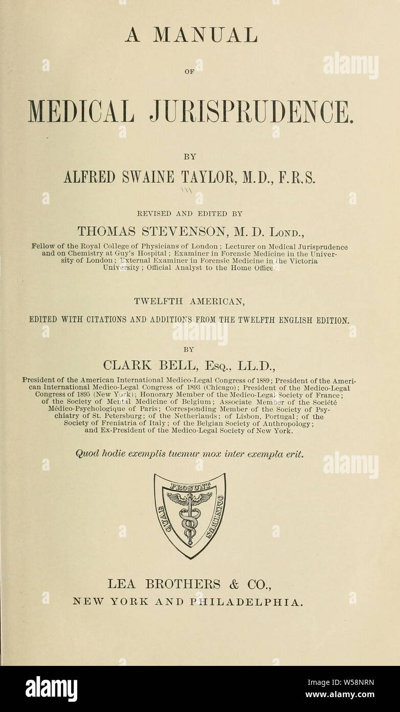 A manual of medical jurisprudence : Taylor, Alfred Swaine, 1806-1880 Stock Photo